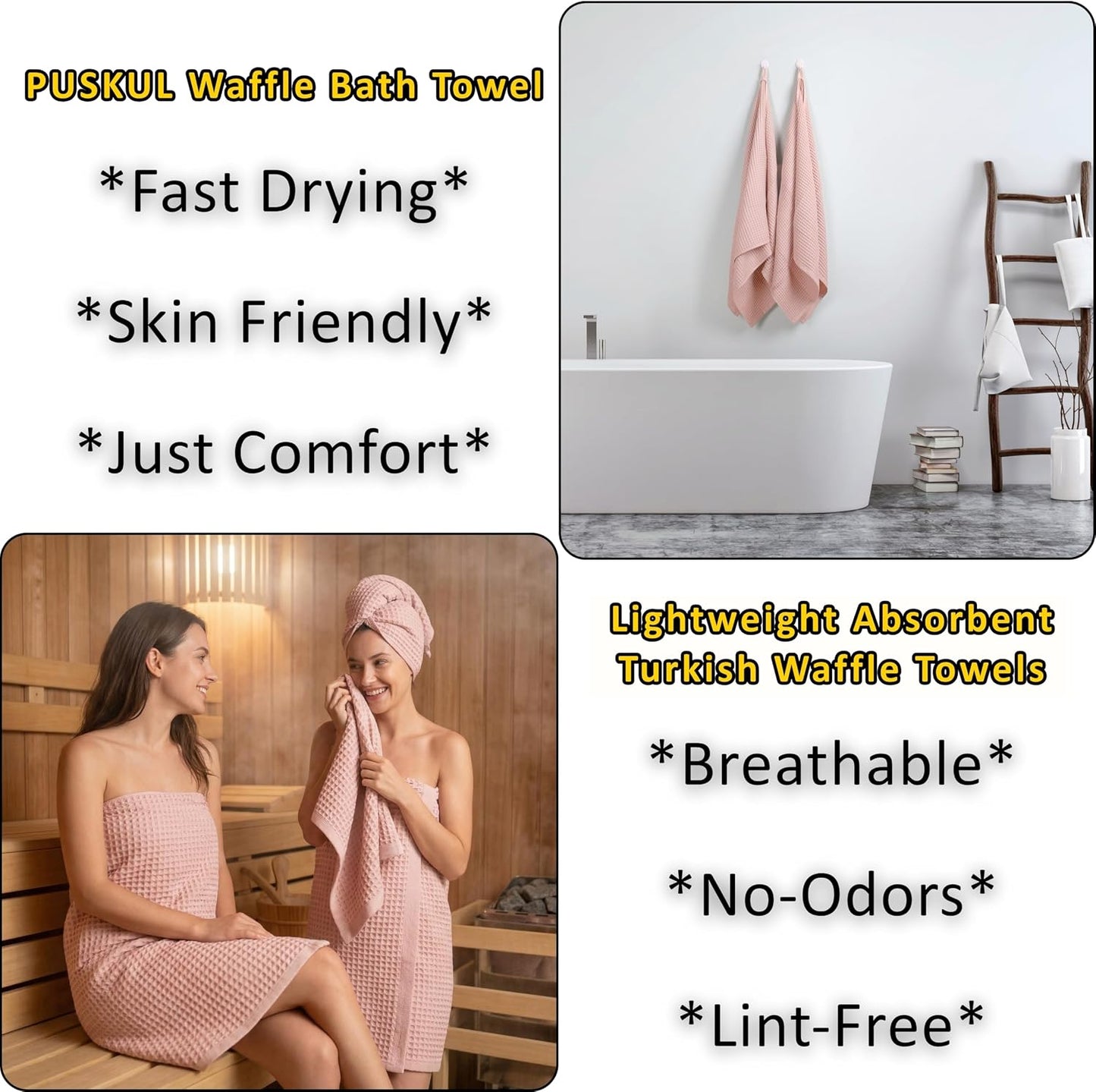 PÜSKÜL Natural 100% Turkish Cotton Waffle Bath Towels Set of 2, Extra-Large | Pink Powder, Oversize 32x63" Bath sheet