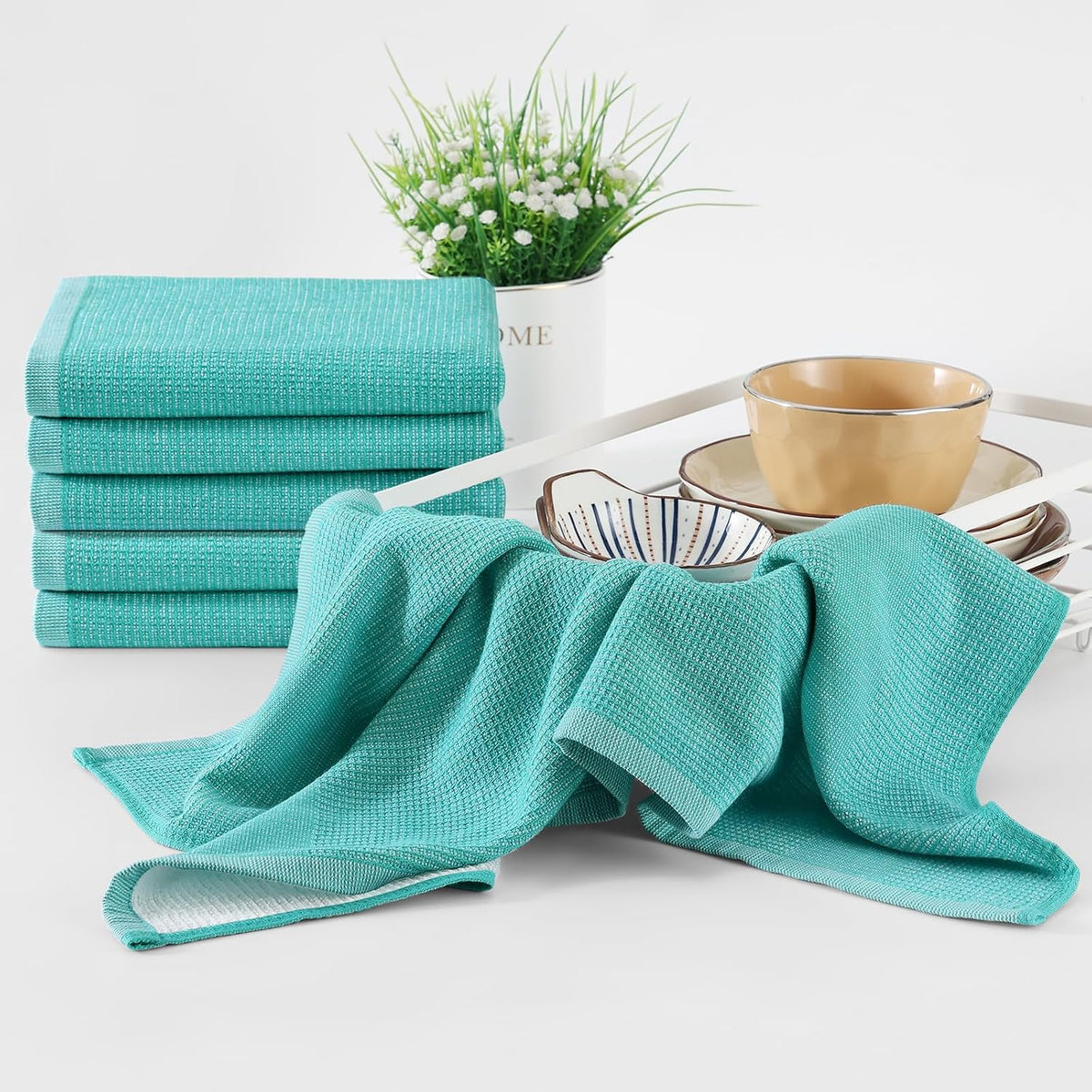 Homaxy 380 GSM Cotton Premium Kitchen Towels 8 Pack, 18"x 28", Teal | Flat and Terry Dish Towels, Highly Absorbent Tea