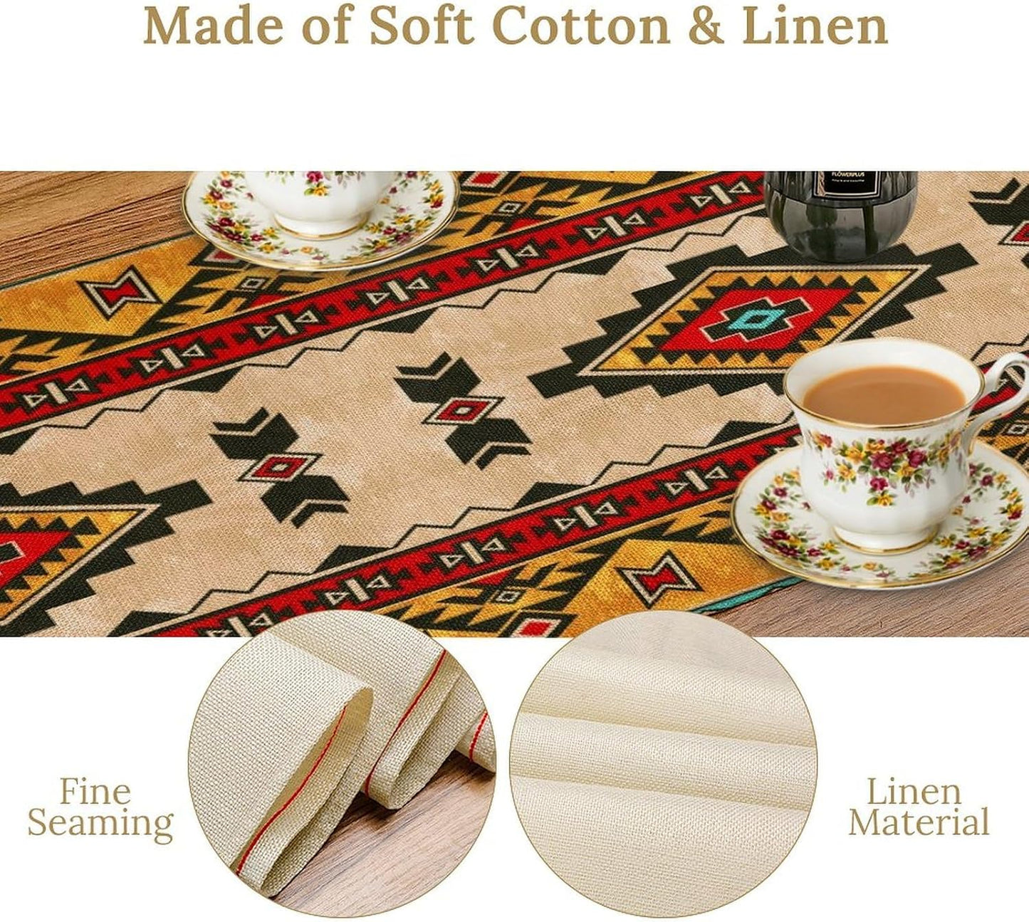 Aztec Southwest Table Runner,Ethnic Style Design Boho Geometric Pattern Printed Linen Table Runner for Home Kitchen