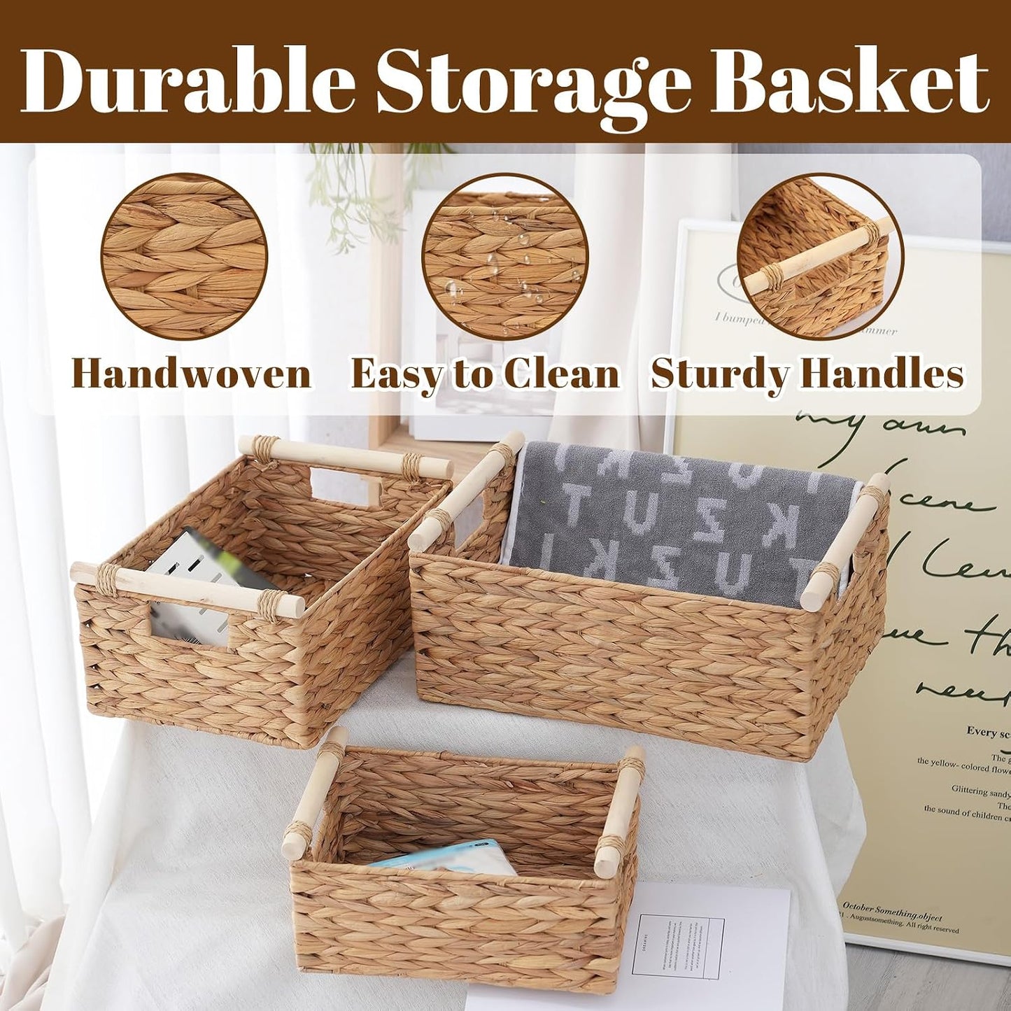 Woven Storage Baskets Set / 3PC / Rectangle / Natural / Set of 3