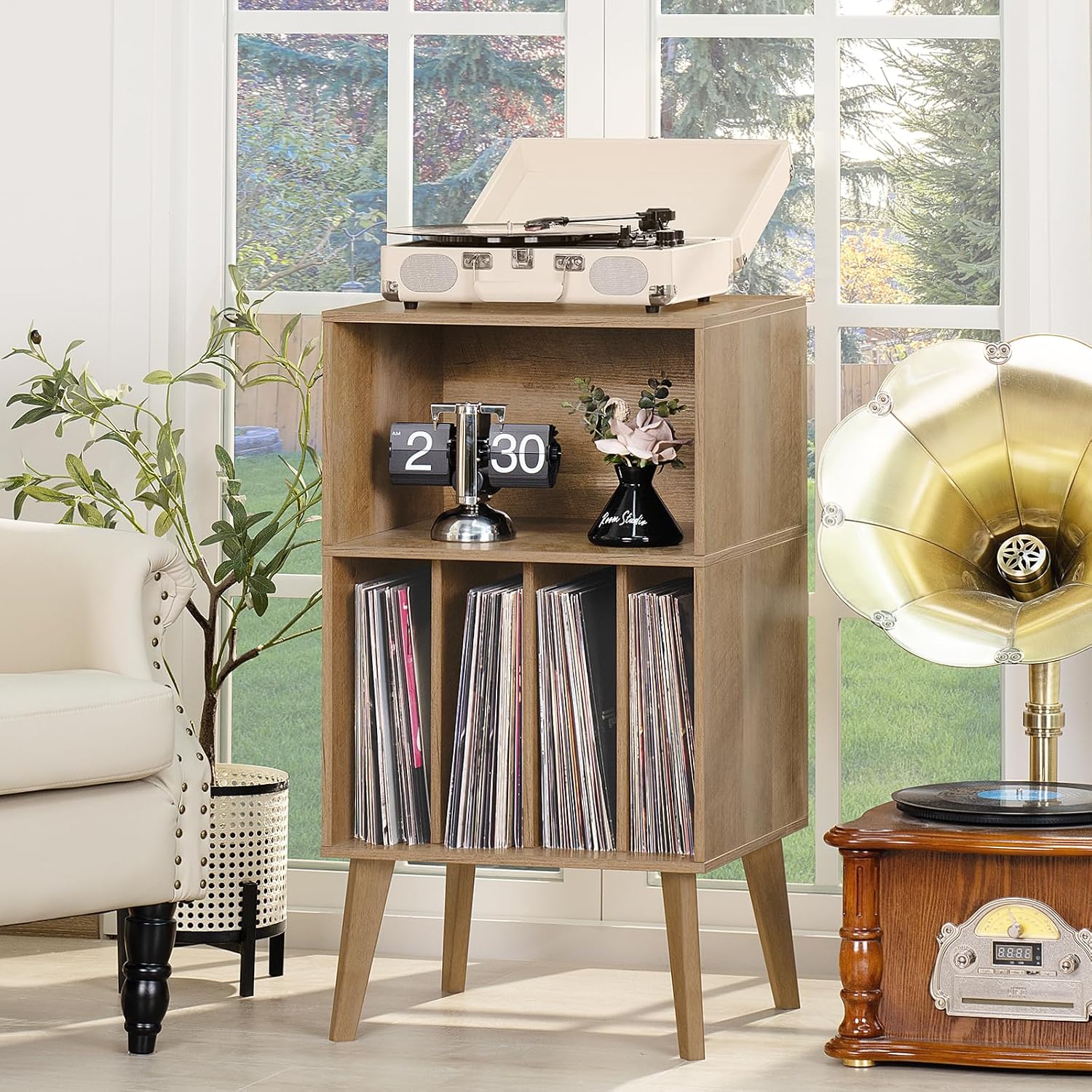 Lerliuo Record Player Stand, Oak Turntable Stand Holds up to 160 Albums | Mid-Century Vinyl Storage Cabinet Table,Solid