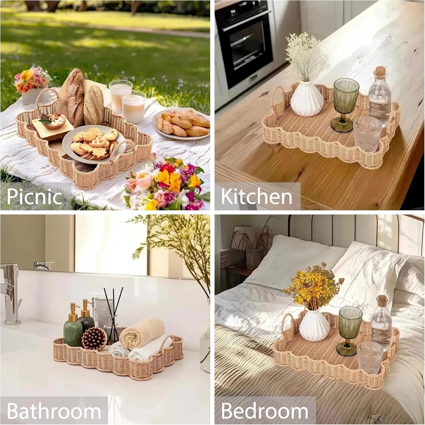 Scalloped Edge Rectangle Wicker Serving Tray / Nude Color