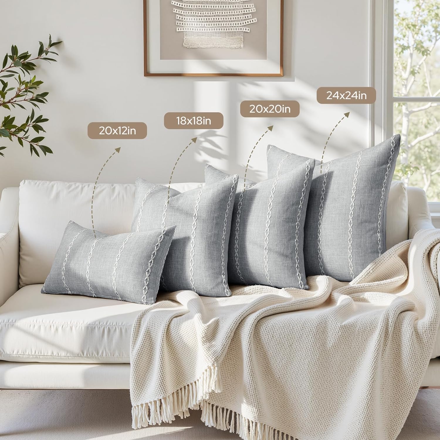 Grey Farmhouse Pillow Covers / Light Grey Stripe / 18 x 18 / Set of 2