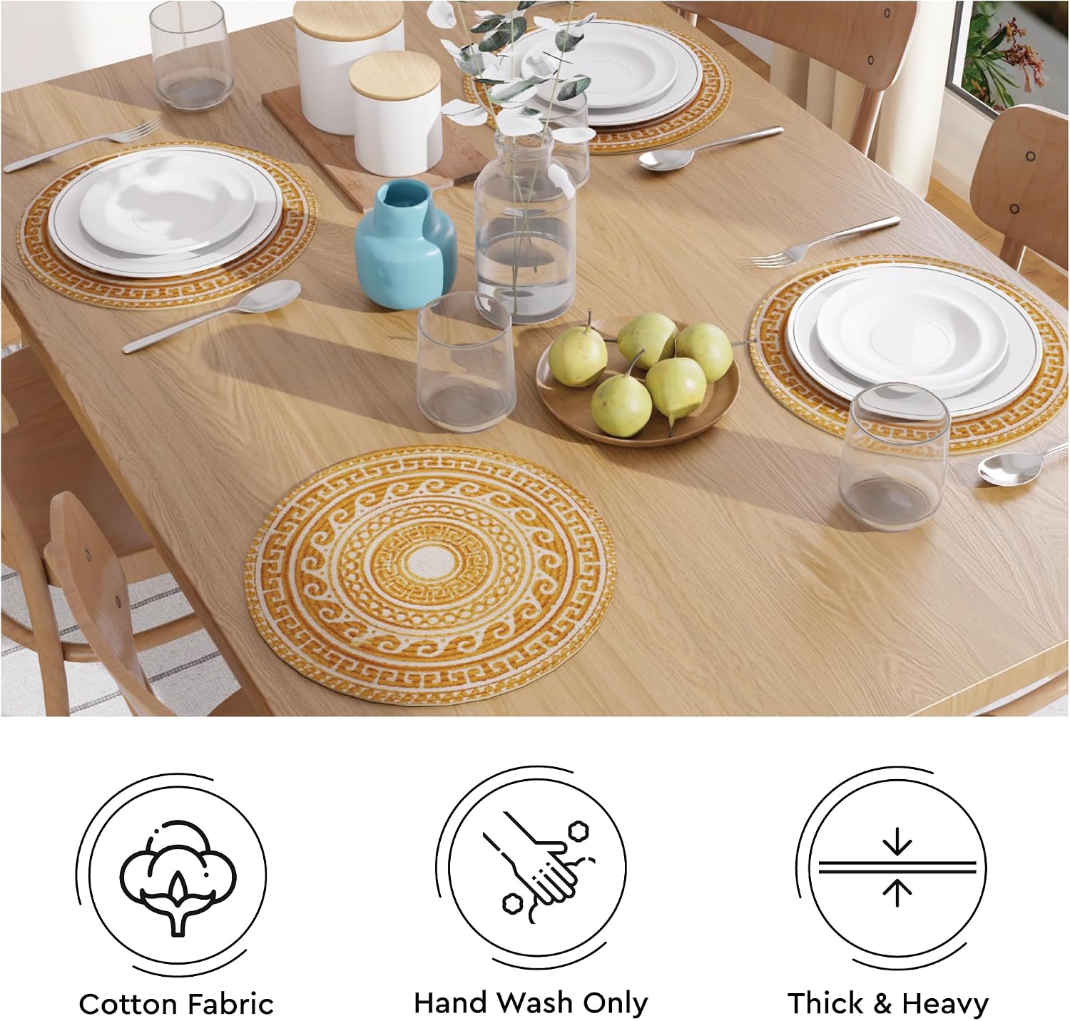 Encasa XO Dining Placemats, Cotton Round Table Mats 13" Mustard Mandala Print