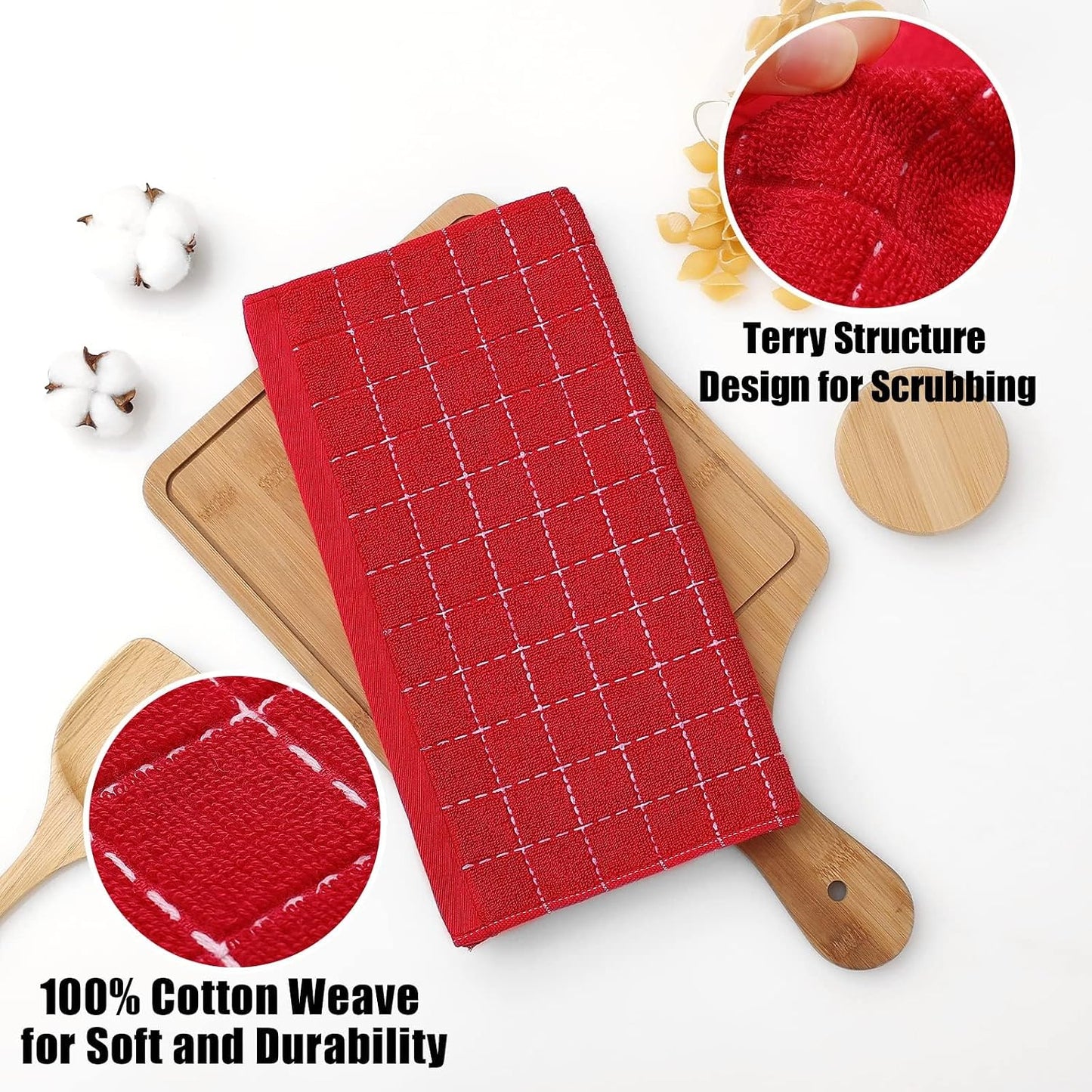 Homaxy 100% Cotton Terry Kitchen Towels, 12 Pack, Red | Ultra Soft and Absorbent Dish Towels for Kitchen, Suitable for