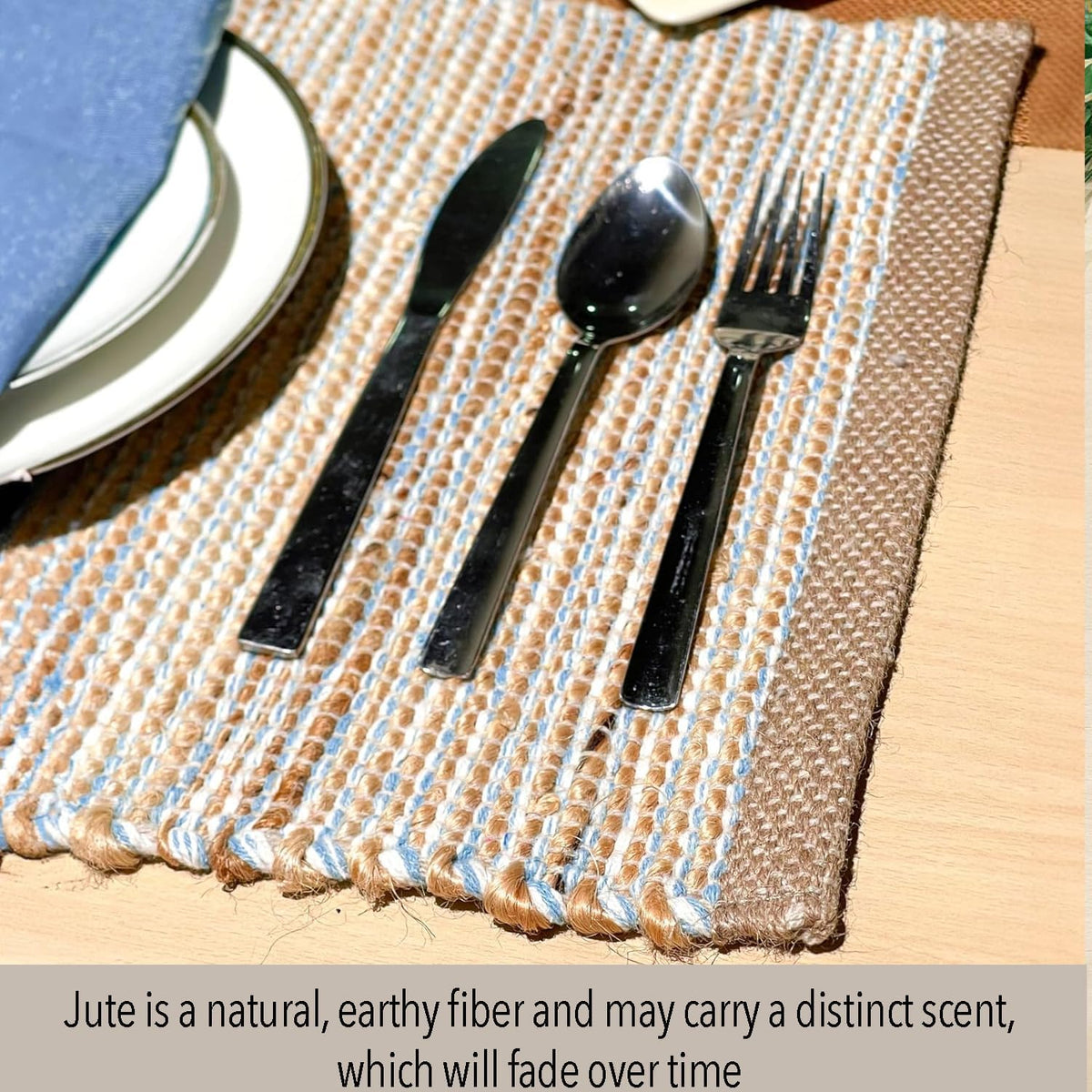 Natural Jute Placemats, Sky Blue-White, Set of 4, 13x19 in | Rustic Handmade Boho Table Mats, Kitchen, Everyday Meals