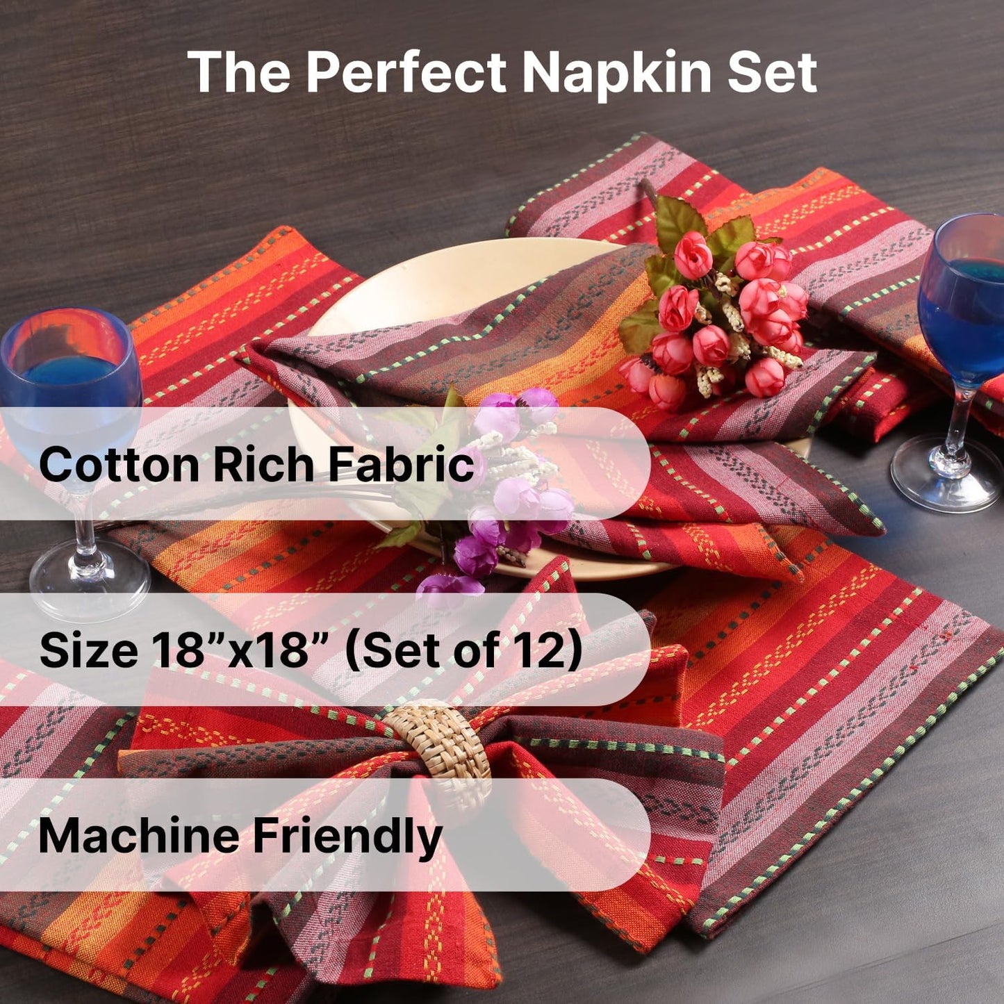 LFH Home Cotton Rich Cloth Salsa Napkin Set of 12 Valentine’s Day Romantic Red Washable Soft Durable Striped Table