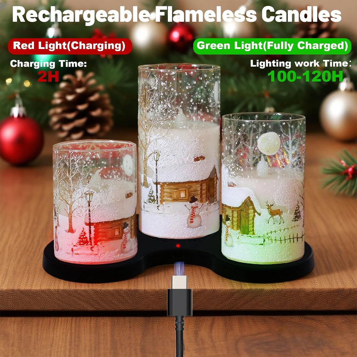 Snowman Glass Flameless Candles Rechargeable Battery Operated | Remote and Timer LED Pillar Candles Flickering, Cold