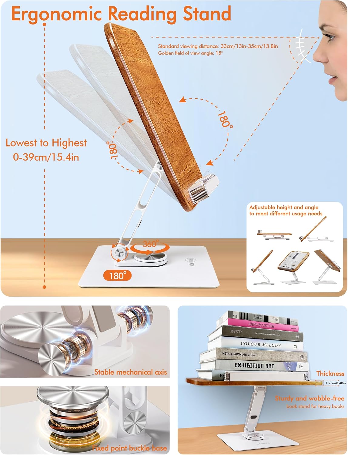 Book Stand for Reading, Adjustable Book Holder for Reading Hands Free, 360° Rotating Reading Stand, Large Rubberwood