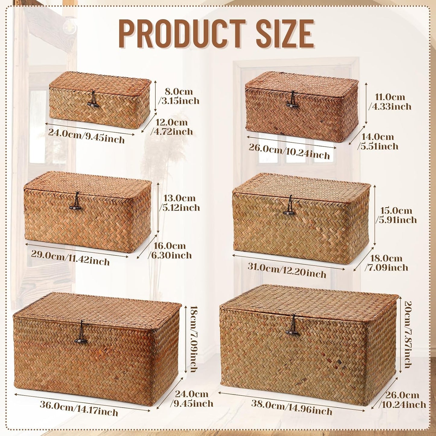 Seagrass Basket / Lids Bin Woven Organizer / Dark Brown / Classic Style / Set of 6