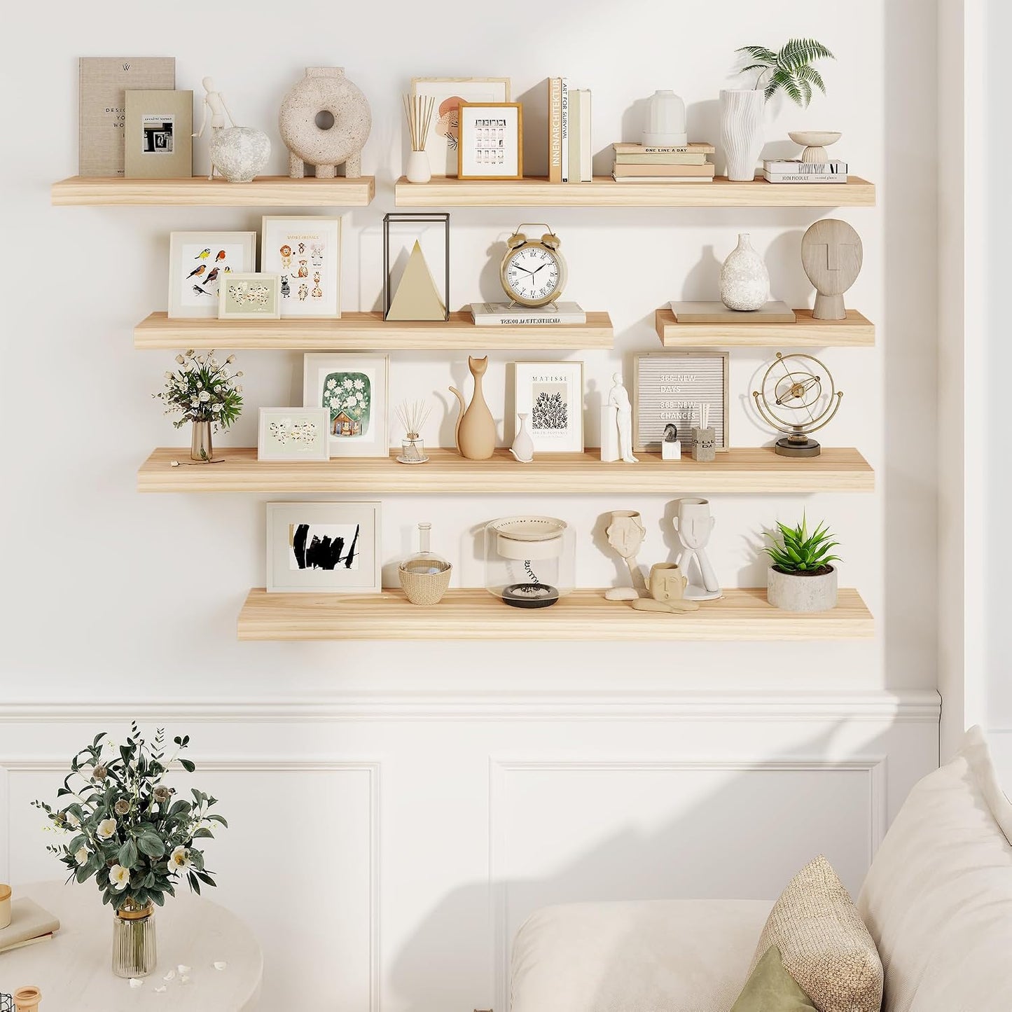 Fun Memories Wood Floating Shelves Set of 2, Rustic Pine Wood Floating Shelves for Wall Mounting, Wide Wall Shelf for