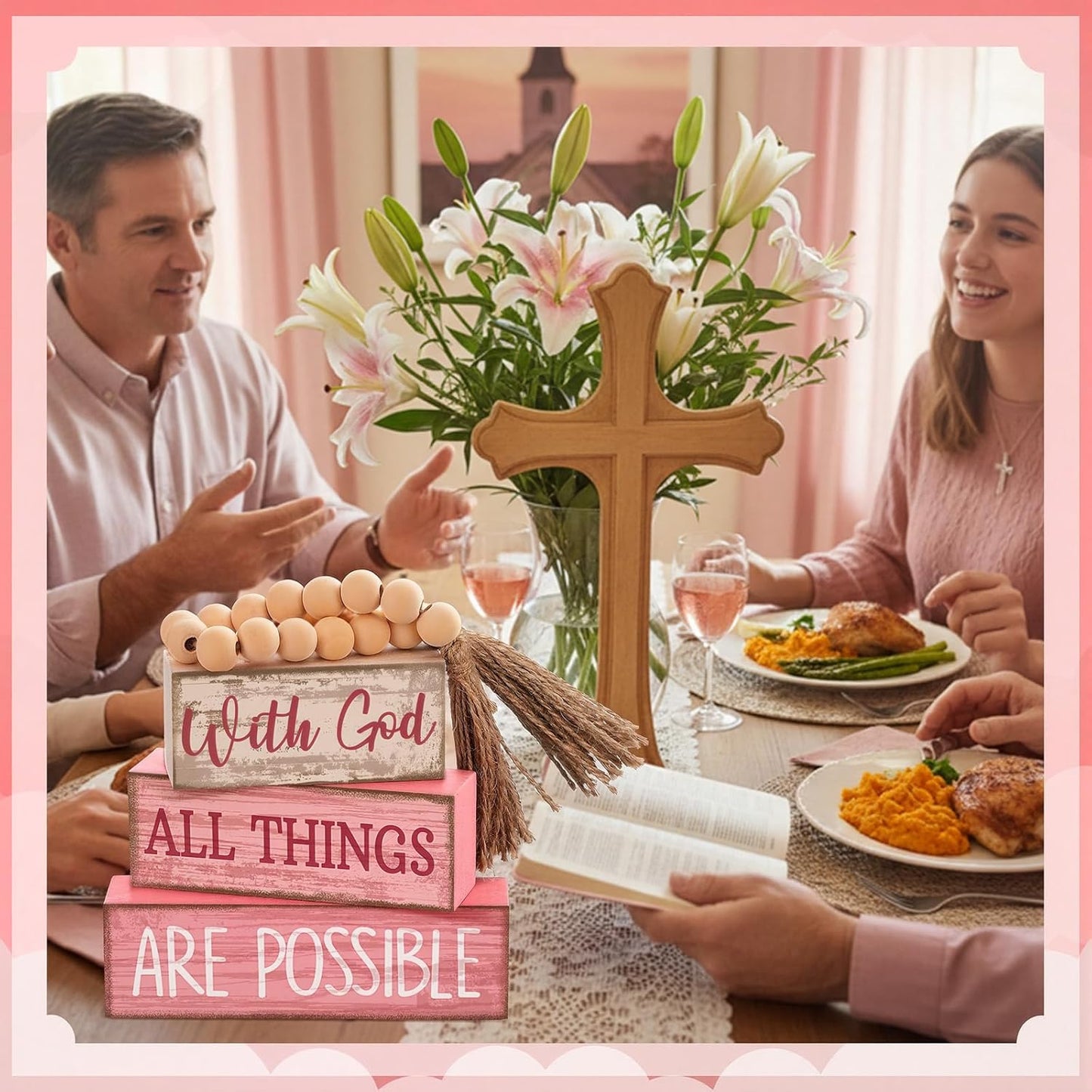 Christian Table Decor Rustic Wooden Block Sign / with God All Things Are Possible / Pink / Set of 4