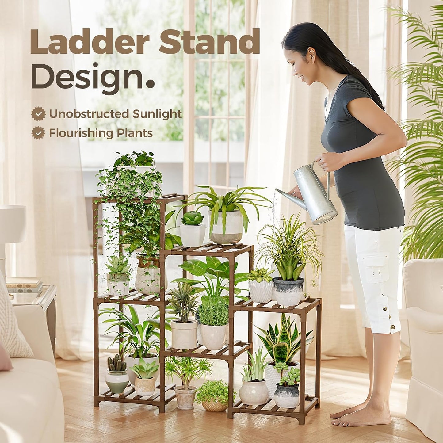 Bamworld Plant Stand Indoor Plant Shelf Outdoor Wood Plant Rack | for Multiple Plants 3 Tiers Ladder Plant Holder for