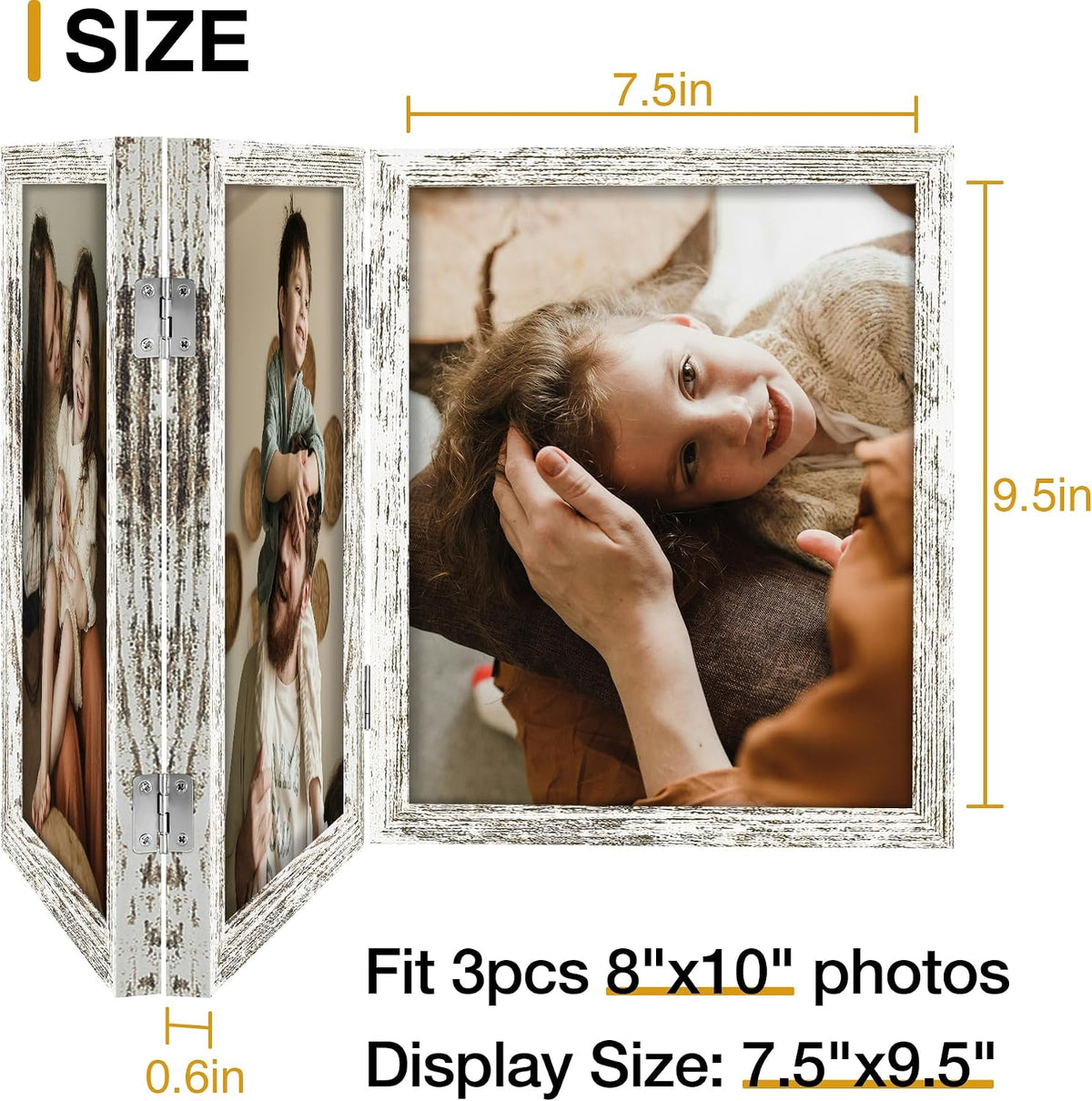 decorUhome Distressed White Triple 8x10 Picture Frame Vertical, MDDW08 | "Z" Shape Folding Design Engineered Wood