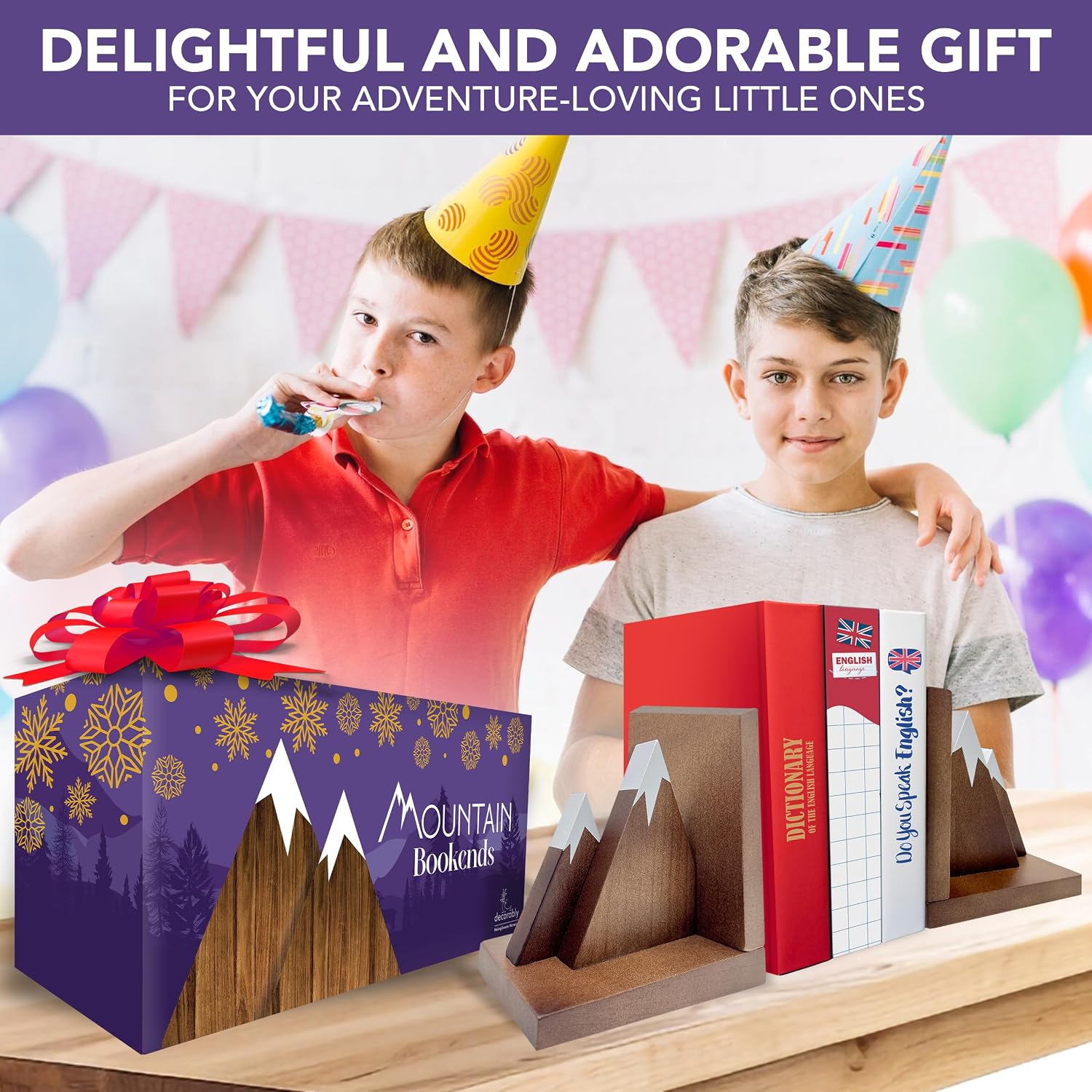 Non-Skid Wooden Mountain Bookends for Kids