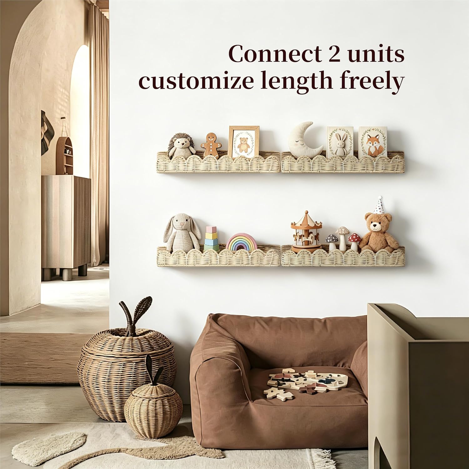 Rattan Scalloped Floating Shelves / Natural