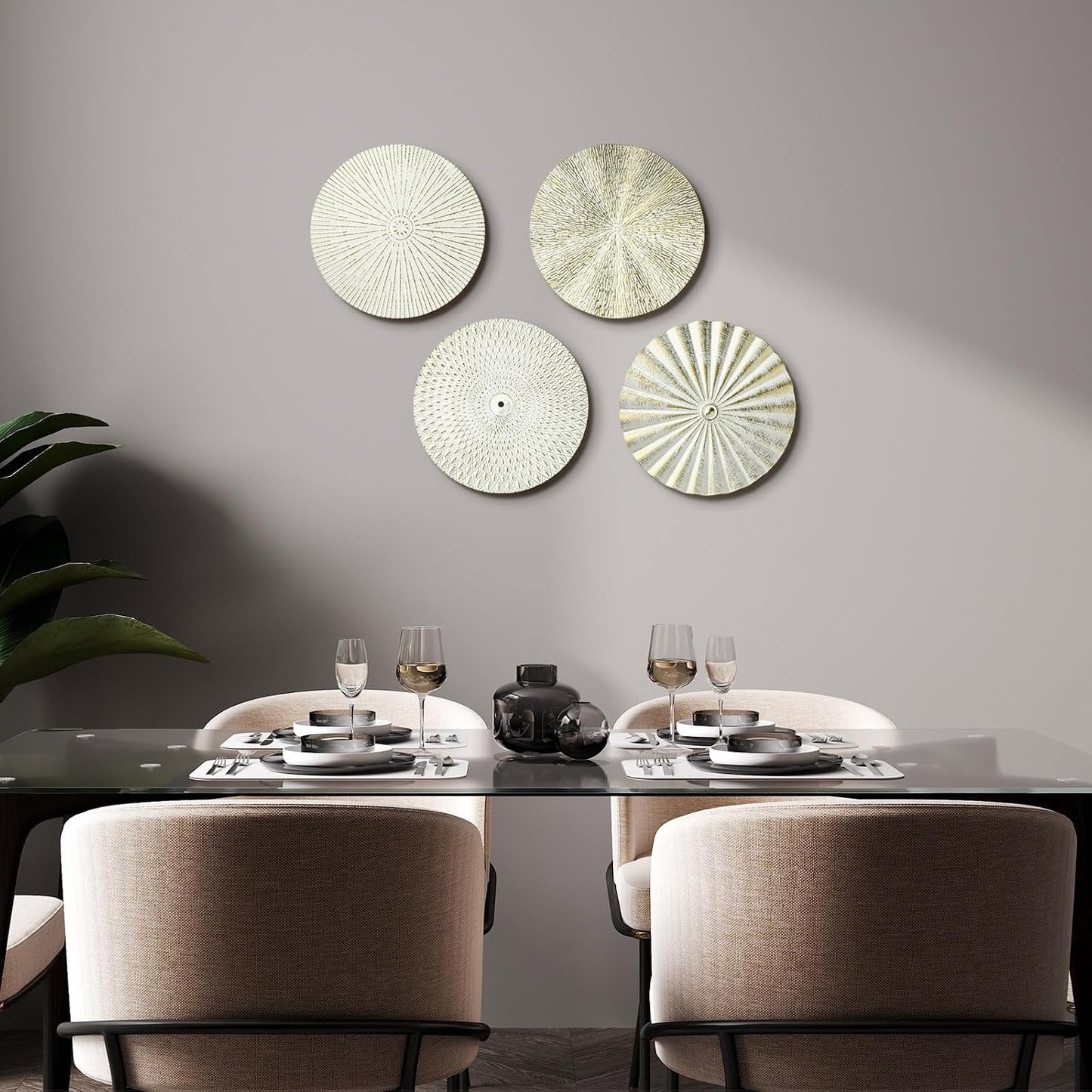 Metal Wall Art Decor Modern Sunburst Hanging Artwork Decor Wall / White Gold / 12 Inch / Set of 4