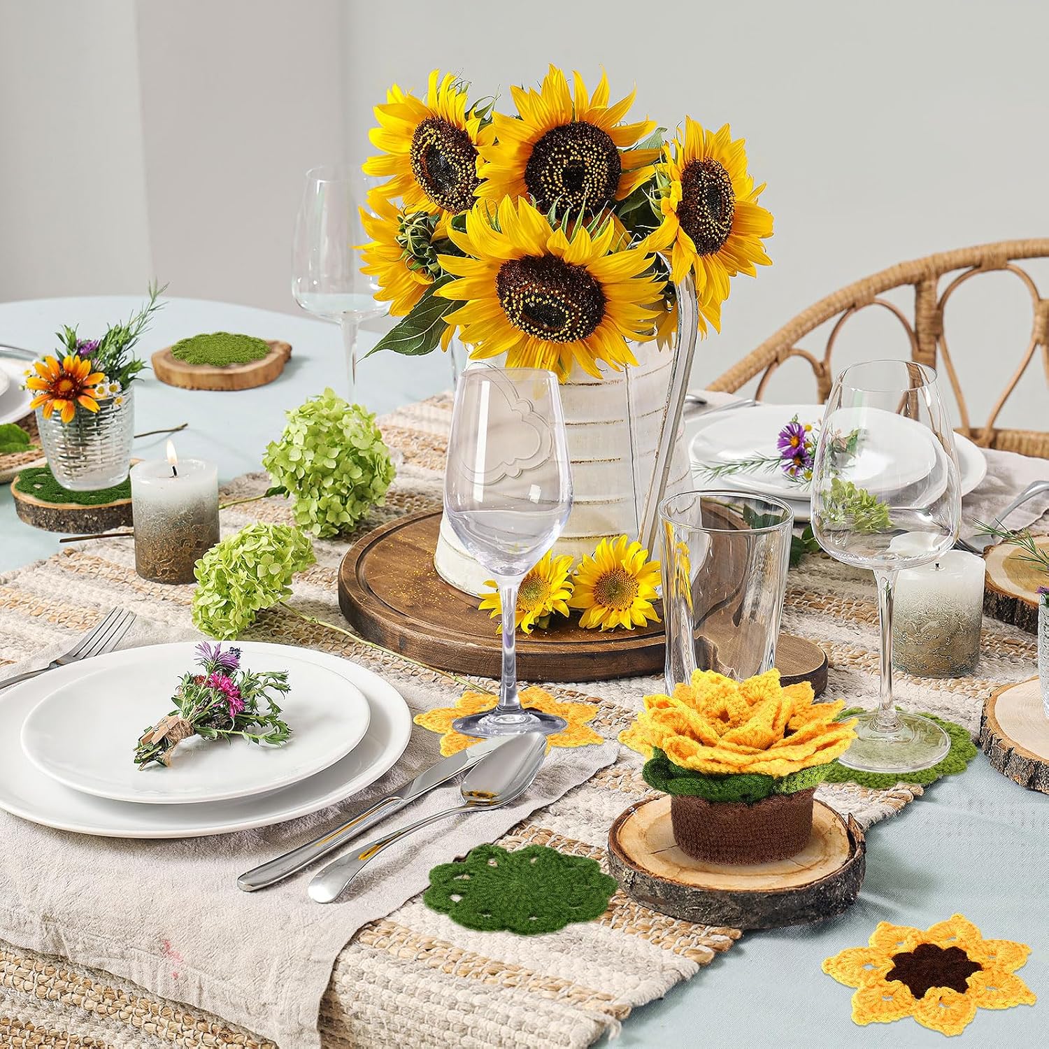 3D Crochet Flower Coasters Set / Yellow / Sunflower / Set of 15