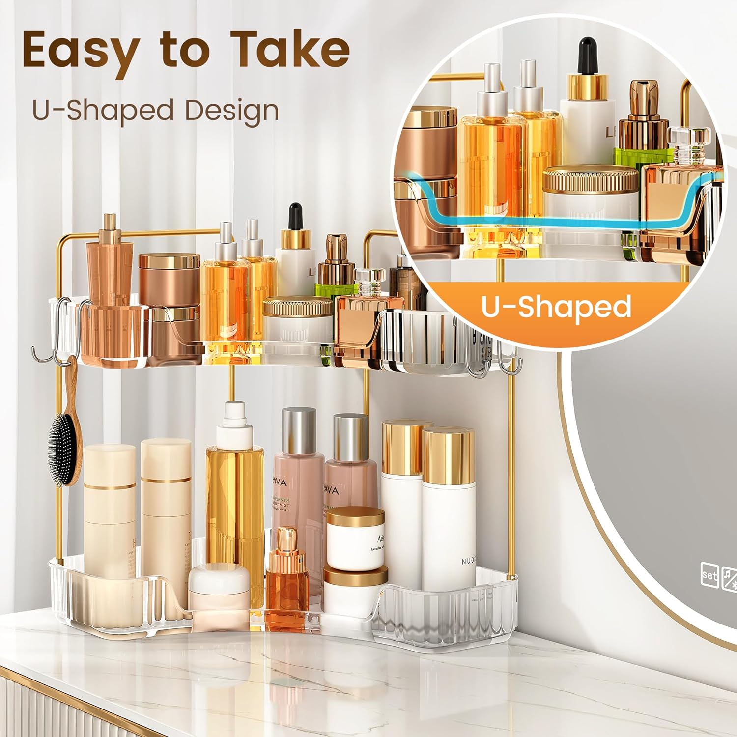 Corner Bathroom Counter Organizer 2 Tier Bathroom Organizers | Storage Countertop with Hooks Skin Care Exquisite Vanity