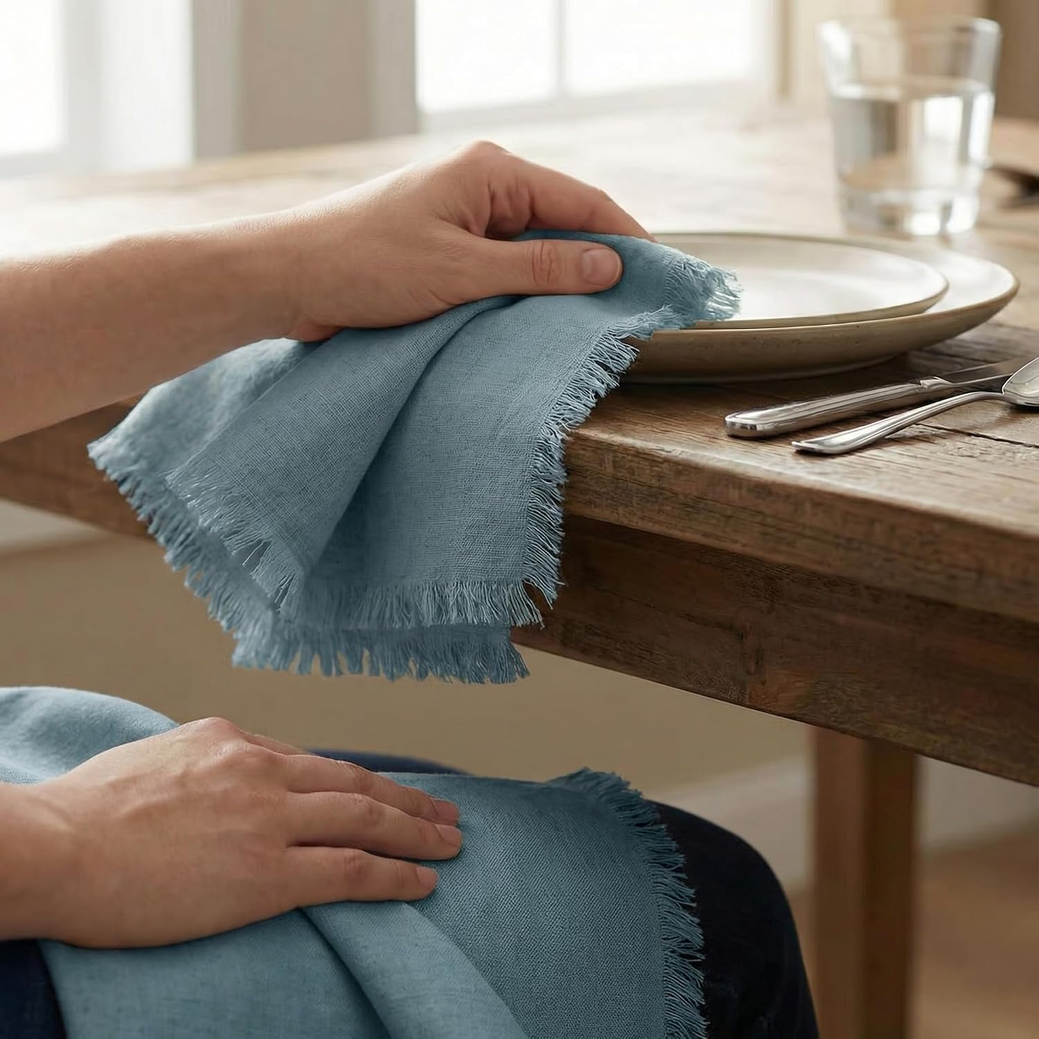 ACCENTHOME Blue Cotton Linen Napkin Set of 12 18x18 inch Dinner Napkins - Washable Soft Premium Hotel Quality Reusable