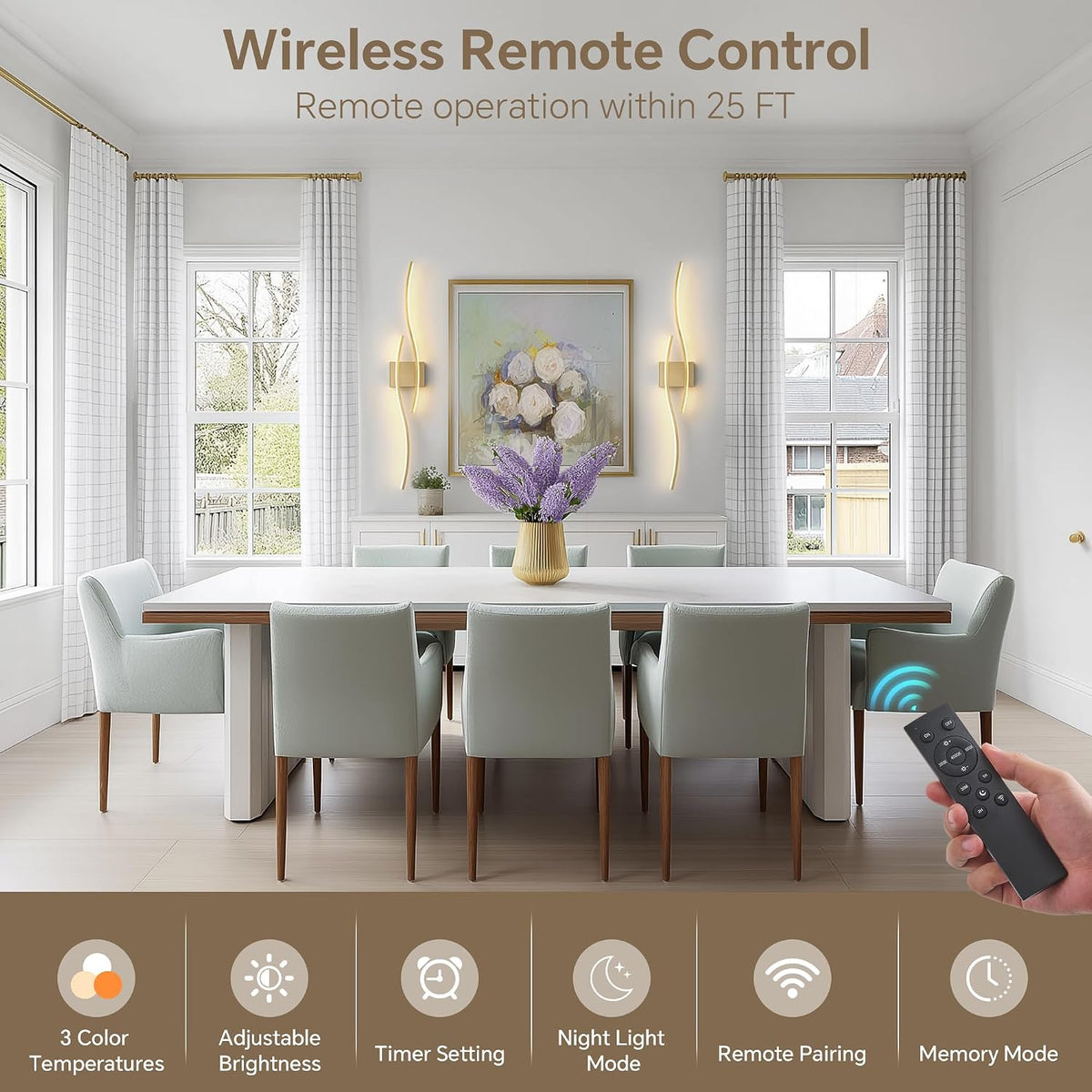 Wireless Wall Sconces Set of Two, Dimmable, 3CCT, Up to 65H Runtime | 3 Color Temps, Stepless Dimming, Timer, Modern