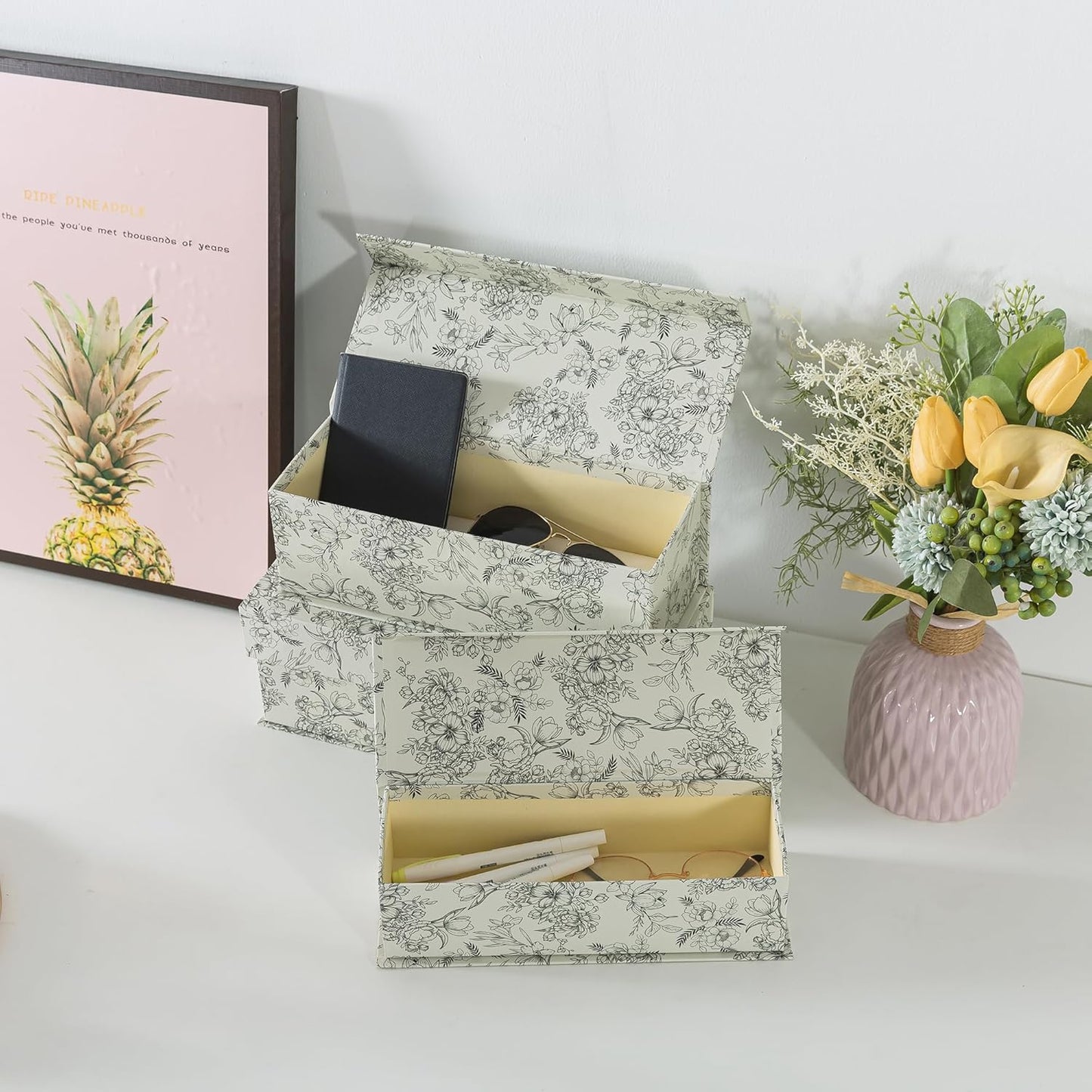 Cardboard Boxes / Decorative Storage Boxes / Elegant Floral / Set of 3