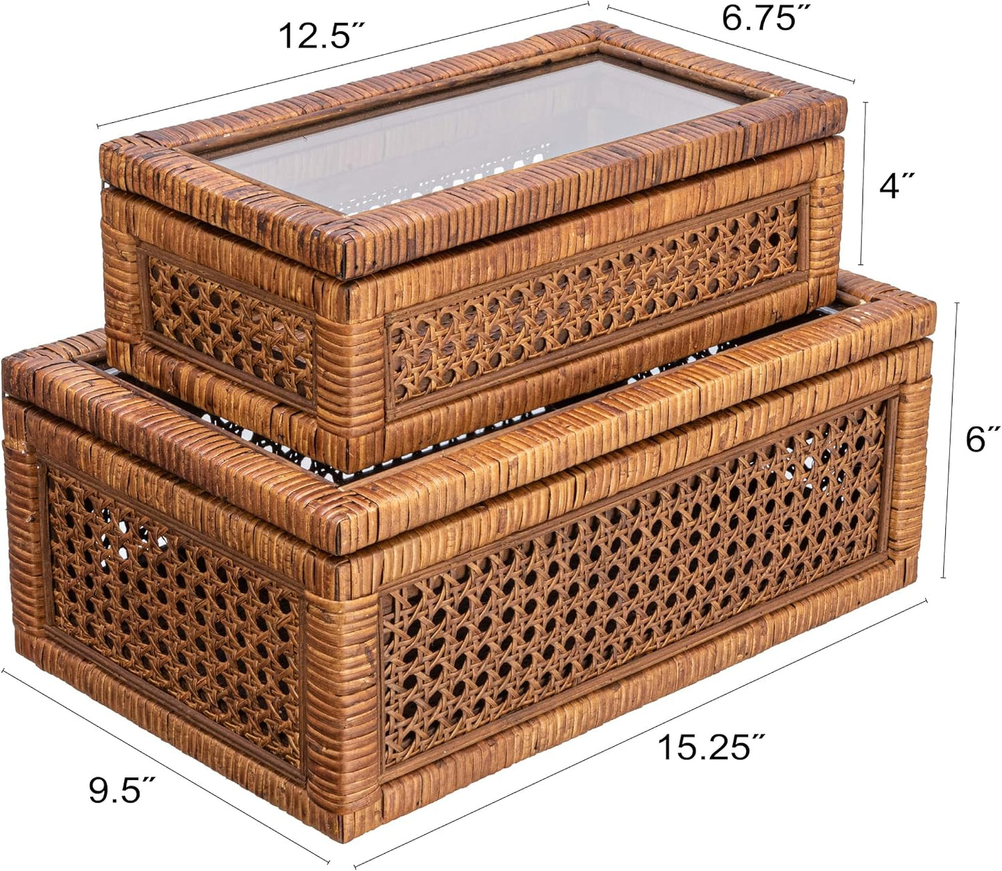 Modern Decorative Rectangle Woven Rattan and Wood Display / Dark Brown / Rectangular / Set of 2