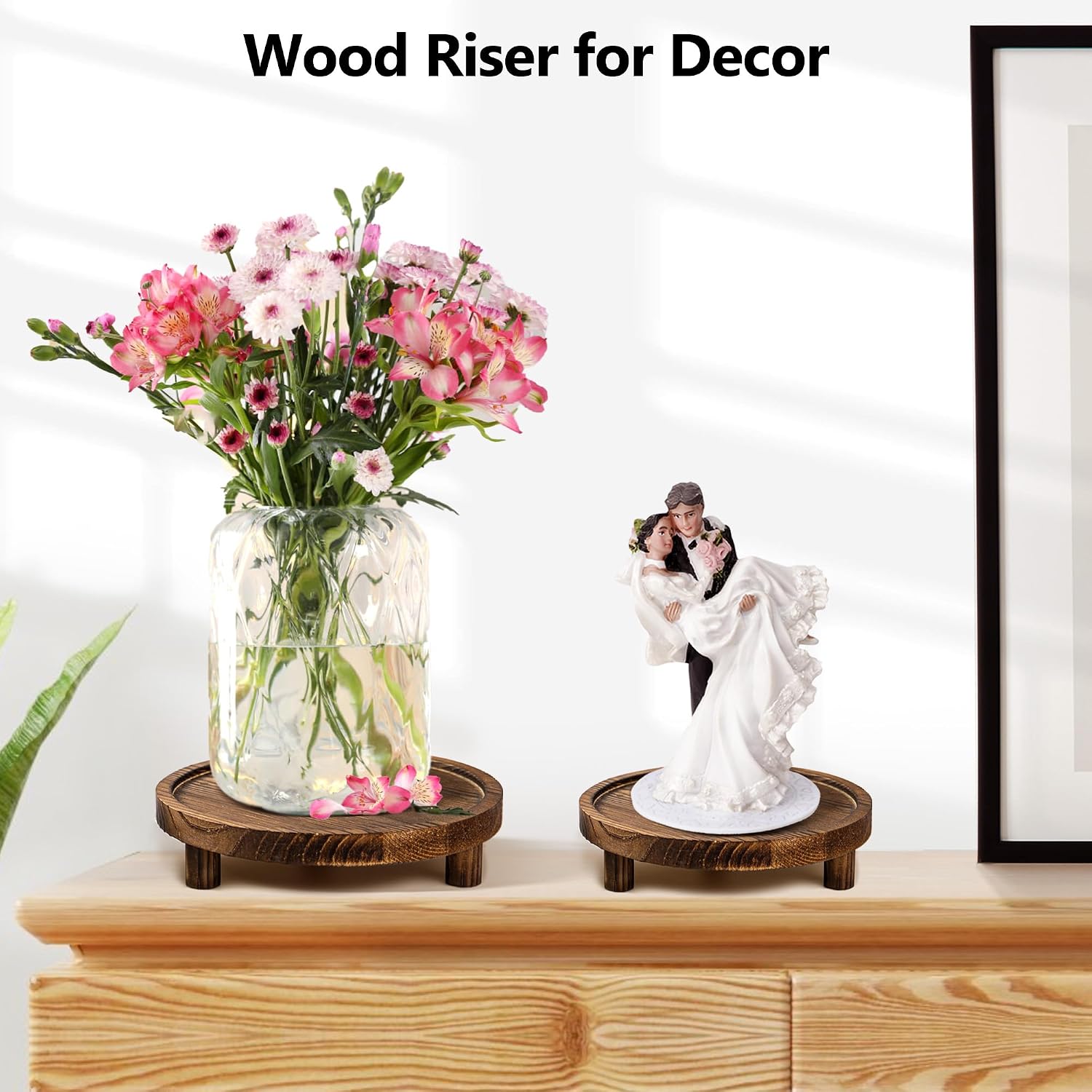 Wooden Display Risers Round Wood Pedestal Stand Mini Plant Tray Stand / Brown / 6 Inch / Set of 3