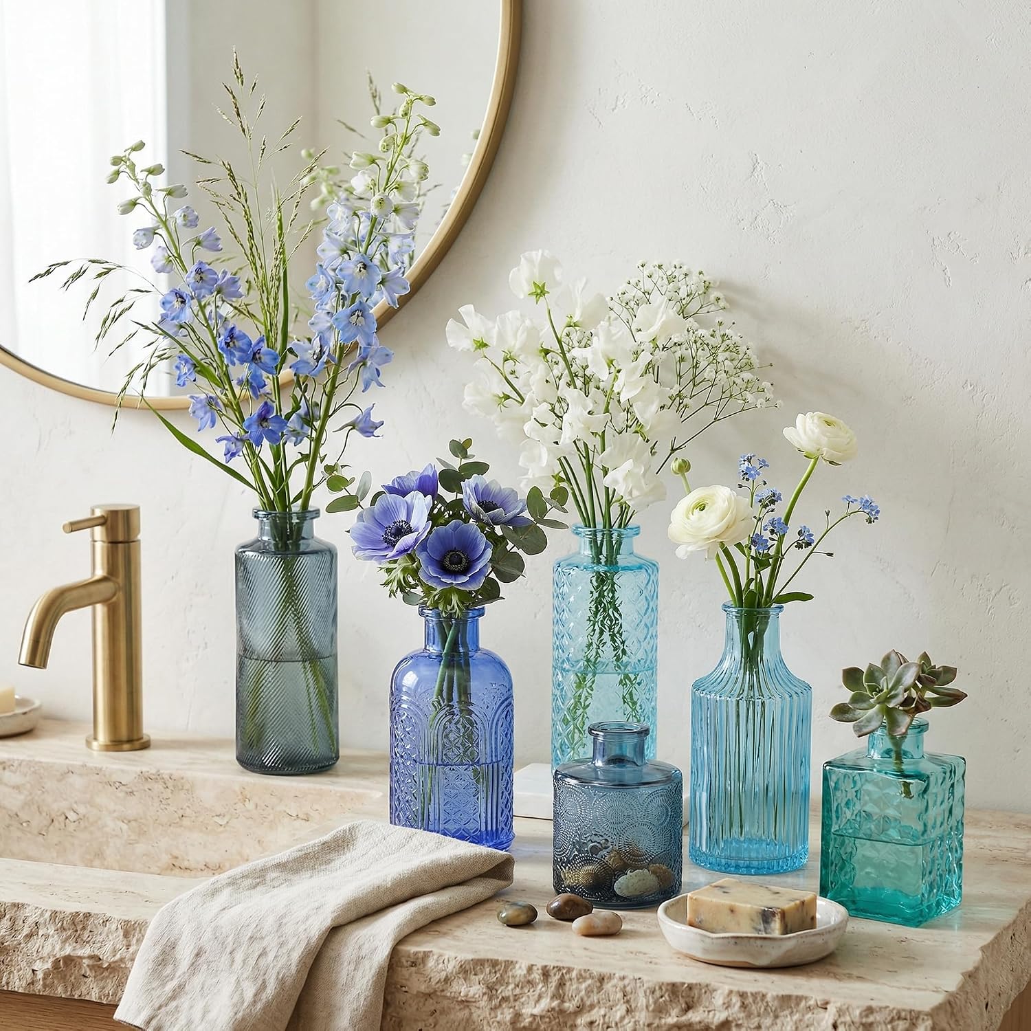 Blue Glass Bud Vases / Blue Series / Set of 15