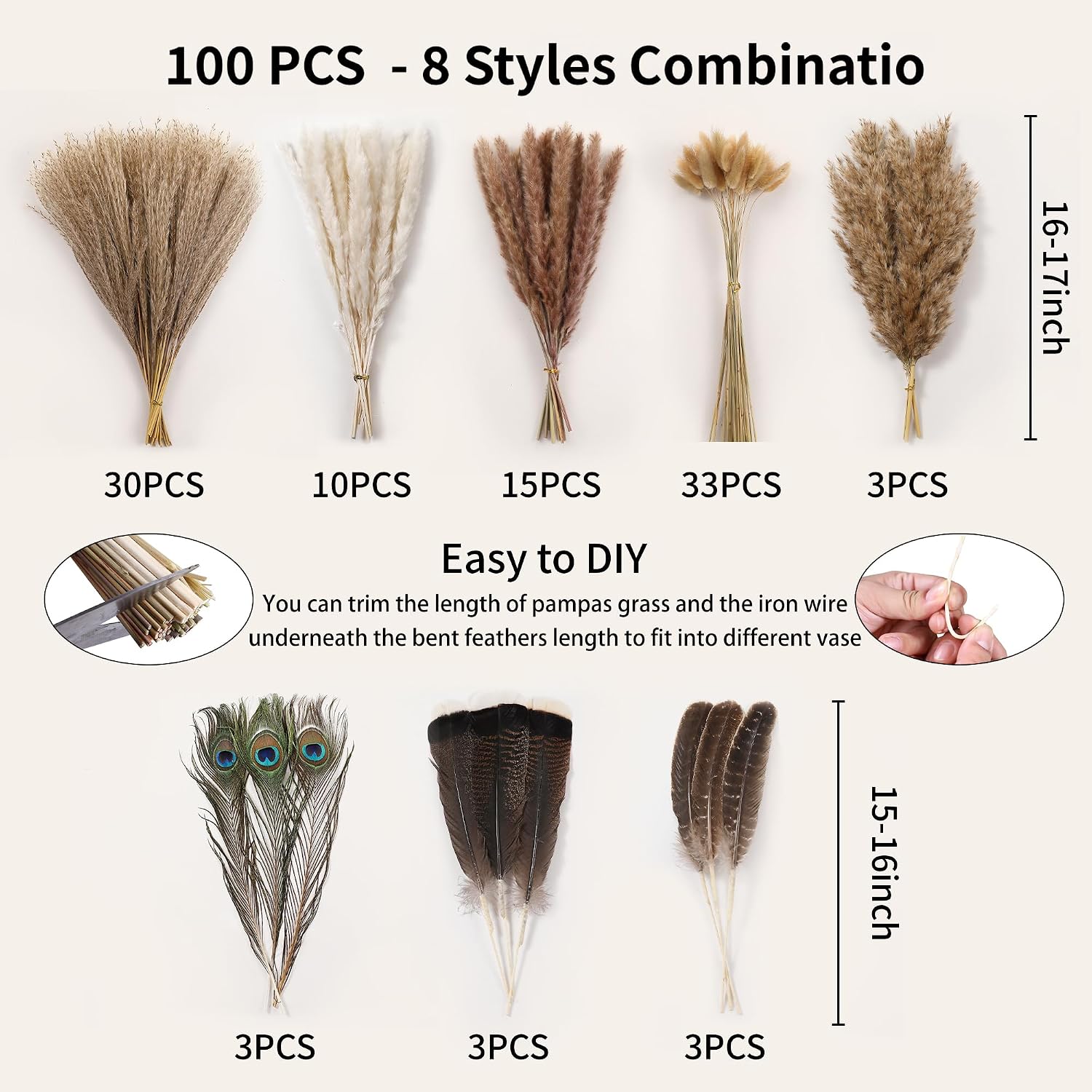 Feathers Boho Flowers Arrangement / 16-17inch / Natural / 17 Inch / Set of 100