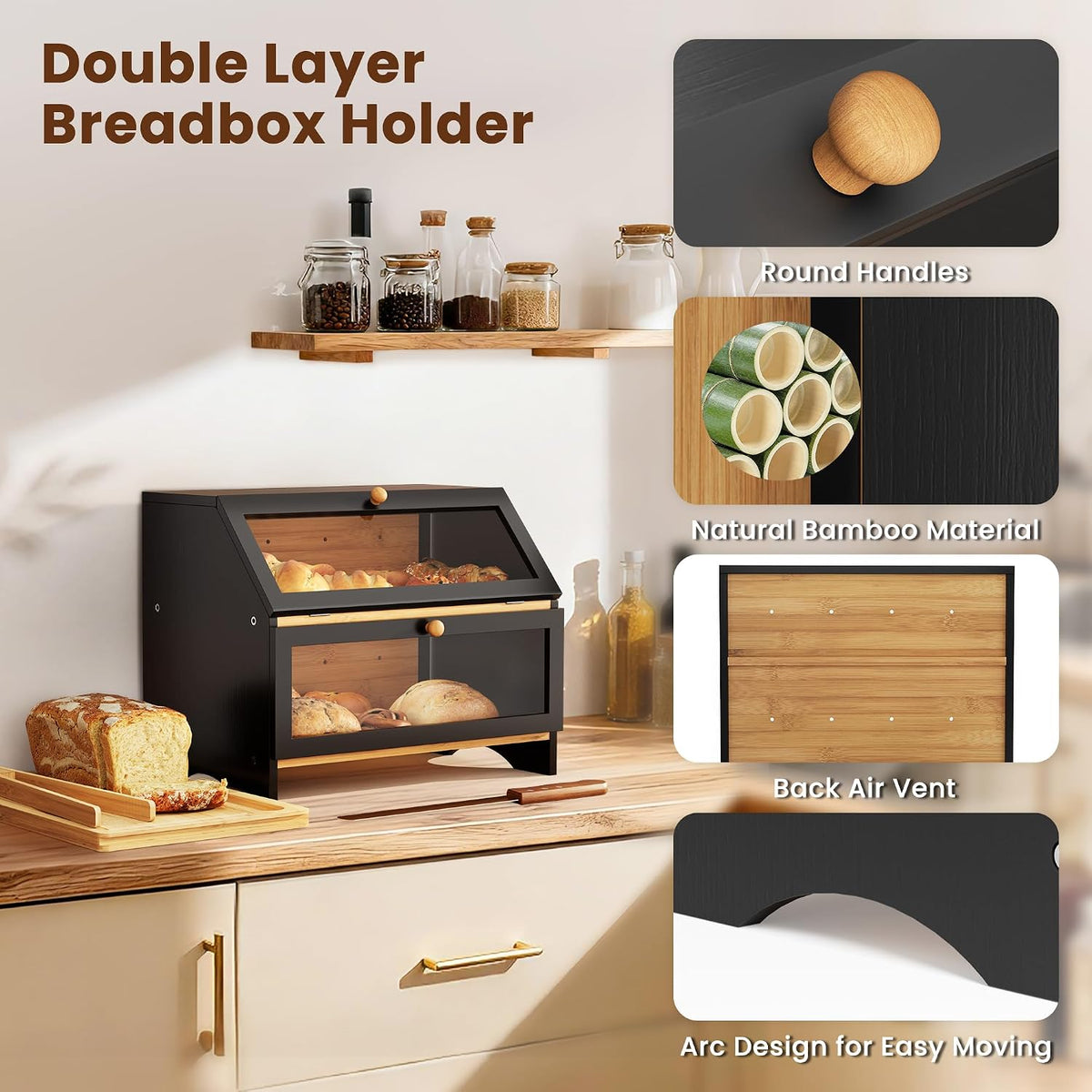 MAISONPEX Double Layer Bamboo Bread Box for Kitchen Countertop, Large Capacity, Cutting Board, Stainless Steel Bread