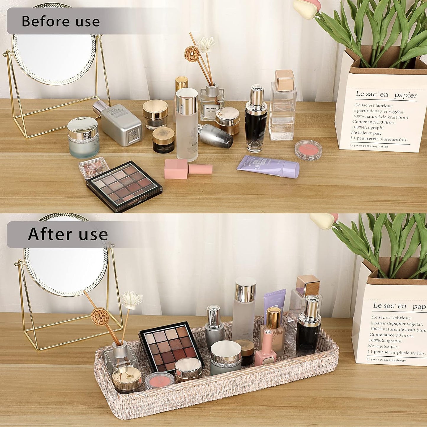 Rattan Bathroom Vanity Tray / White / 16 x 6.5 x 1.8