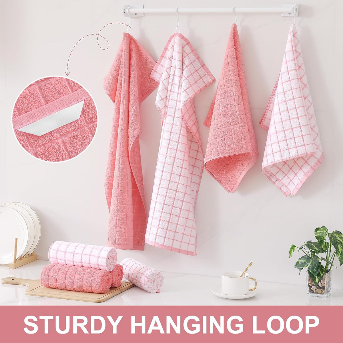 Homaxy Large Premium Cotton Kitchen Towels 16"x 28", 12 Pack, Pink | Natural Ring Spun 390 GSM Dish Towels, Super