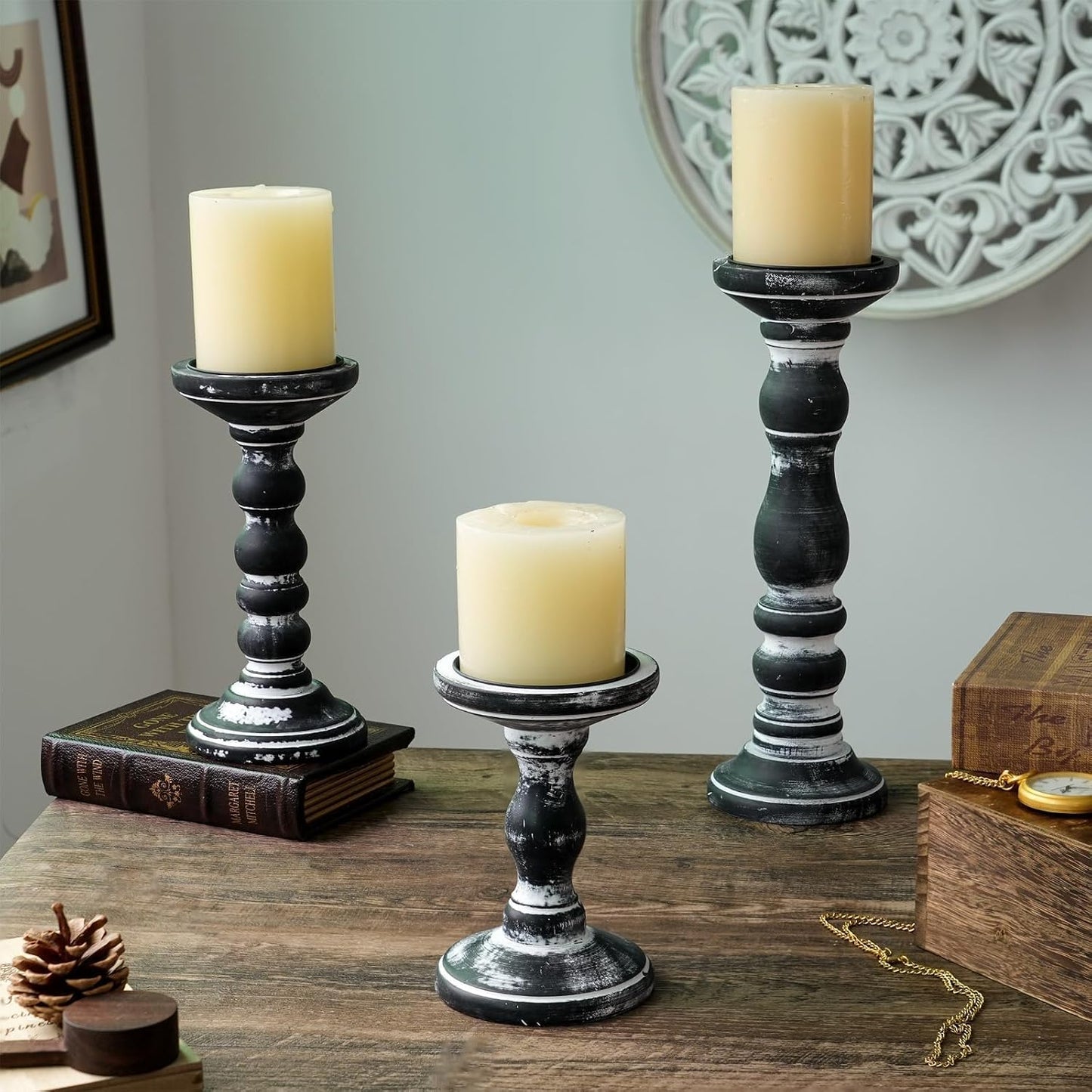 Wood Pillar Candle Holder: Rustic Distressed Black Candle Stand | Solid Pine Wooden Decor, for 3.15" Pillar, Farmhouse