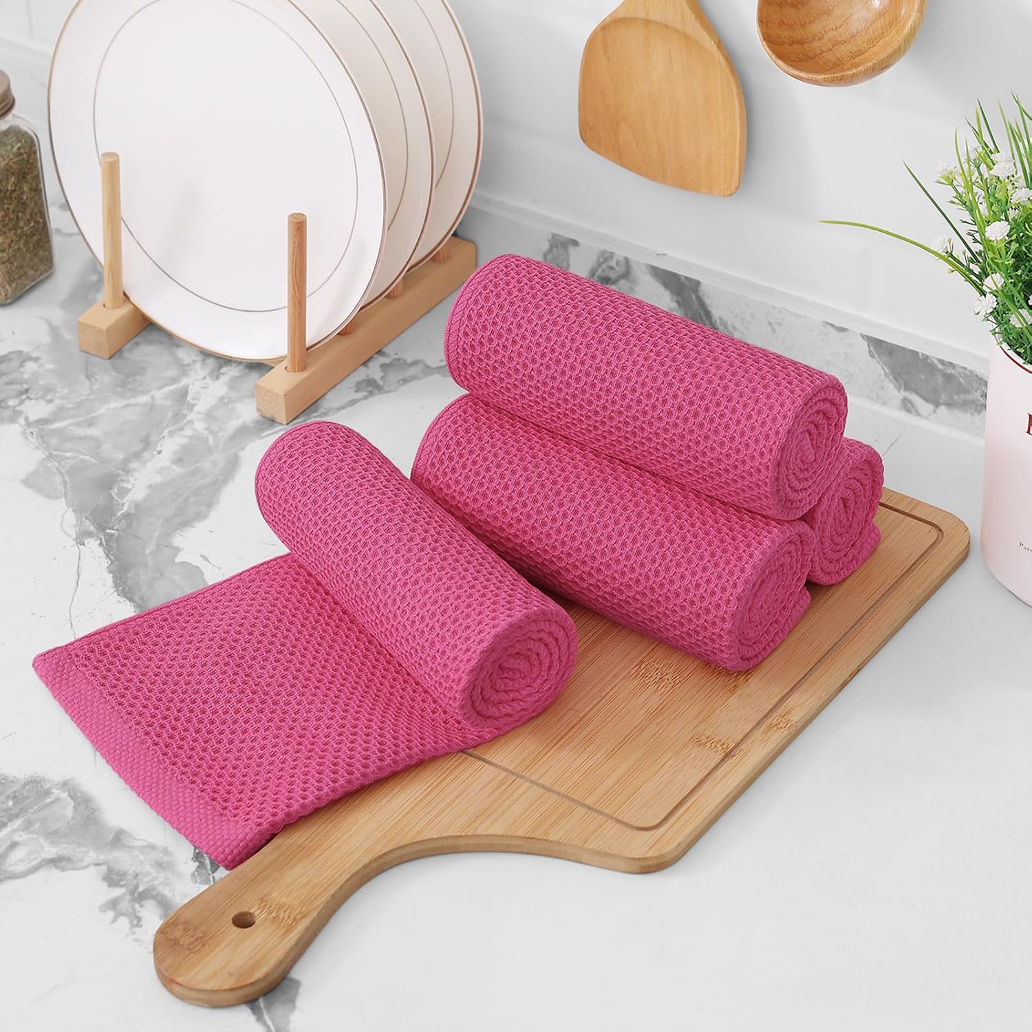 Kitinjoy 100% Cotton Waffle 12-Pack Kitchen Towels, 13" x 28", Hot Pink | Super Soft, Ultra-Absorbent, Fast Drying