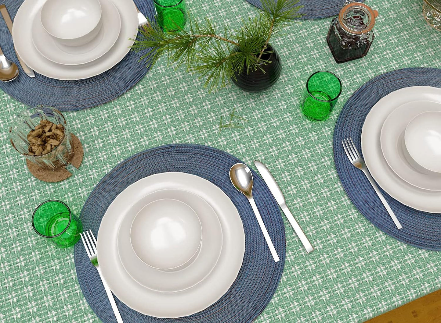 Table Cloth, Sage/White Woven Fringed, 100% Cotton Table Cover, Size 60x102 Inch, Suitable for Formal Dining, Everyday