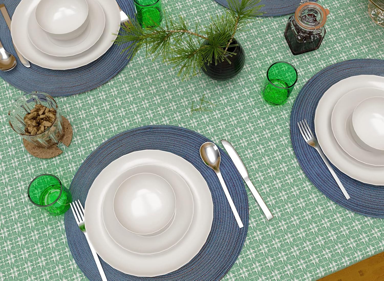 Table Cloth, Sage/White Woven Fringed, 100% Cotton Table Cover, Size 60x102 Inch, Suitable for Formal Dining, Everyday