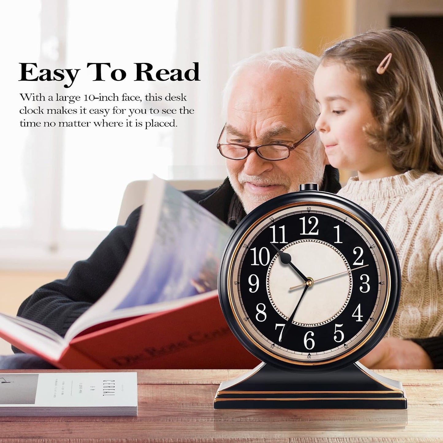 AYRELY® Vintage Desk Clock Silent-Non-Ticking 10-inch dial Table Clock,Retro Mantel Clocks and Easy to Read for Living