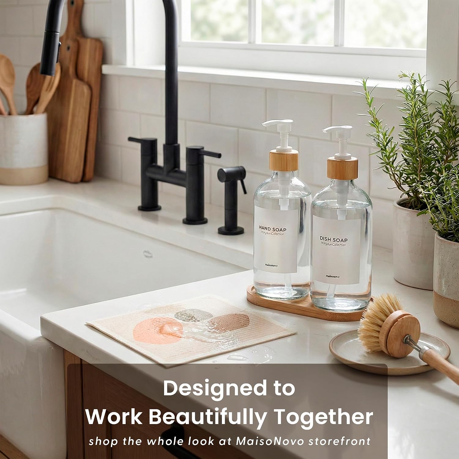 Maisonovo Dish Soap Dispenser Set - Clear Soap Dispenser White Bamboo Pumps | Glass bottles for body wash, lotion