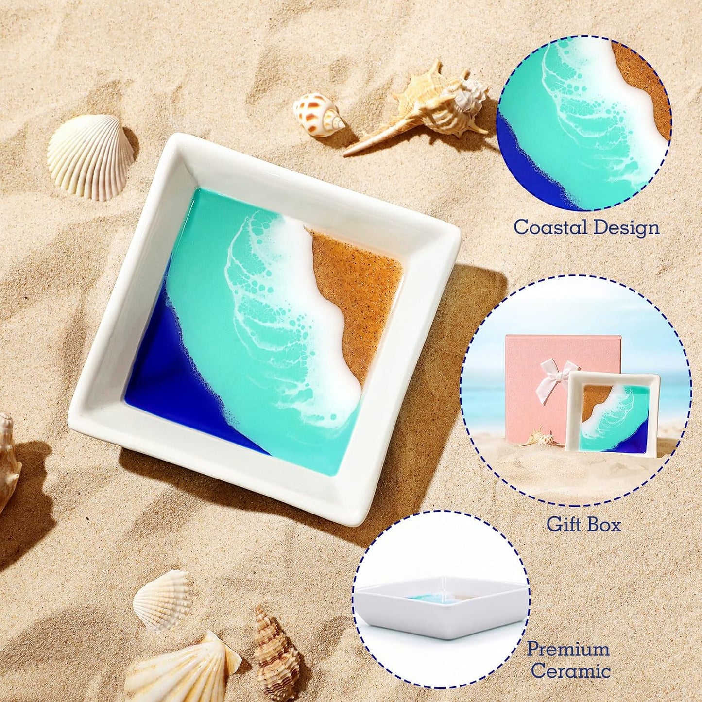 Beach Gift for Women Ocean Jewelry Tray Ring Dish Ceramic Resin Coastal Trinket Holder Necklace Ear
