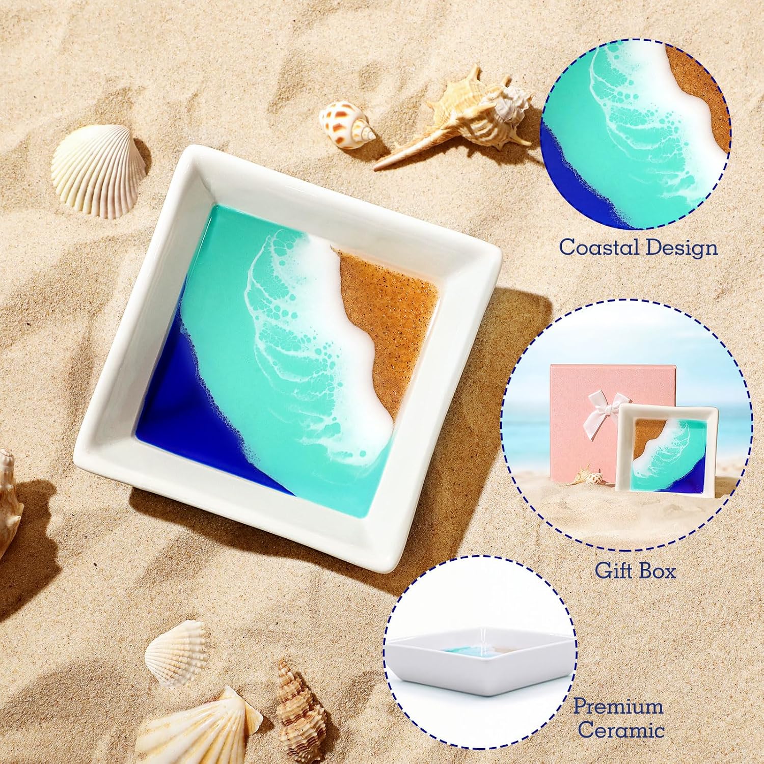 Beach Gift for Women Ocean Jewelry Tray Ring Dish Ceramic Resin Coastal Trinket Holder Necklace Ear