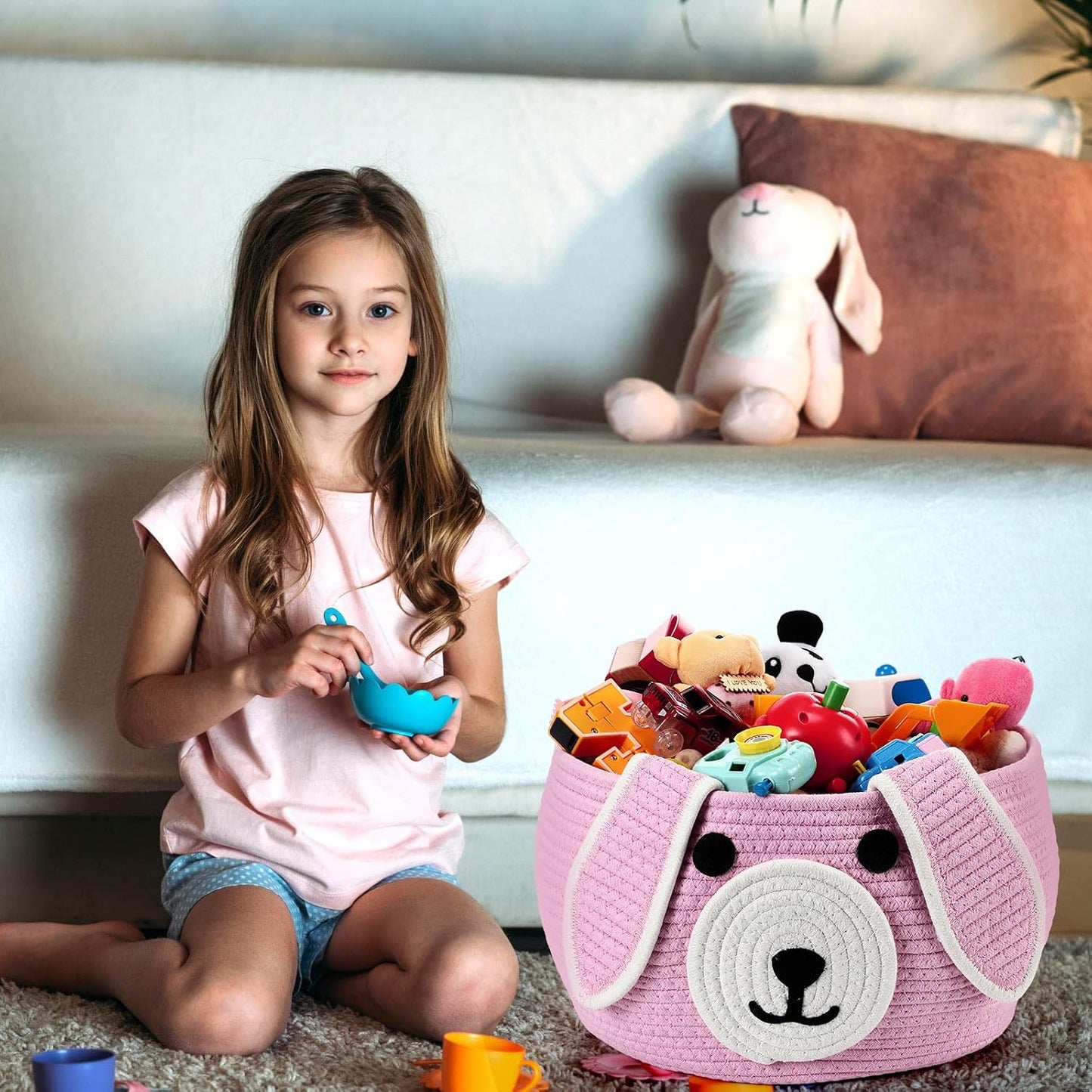 Dog Woven Basket Woven Cotton Rope Puppy Animal Storage Basket for Laundry Toy Gift / Pink / 13 x 8
