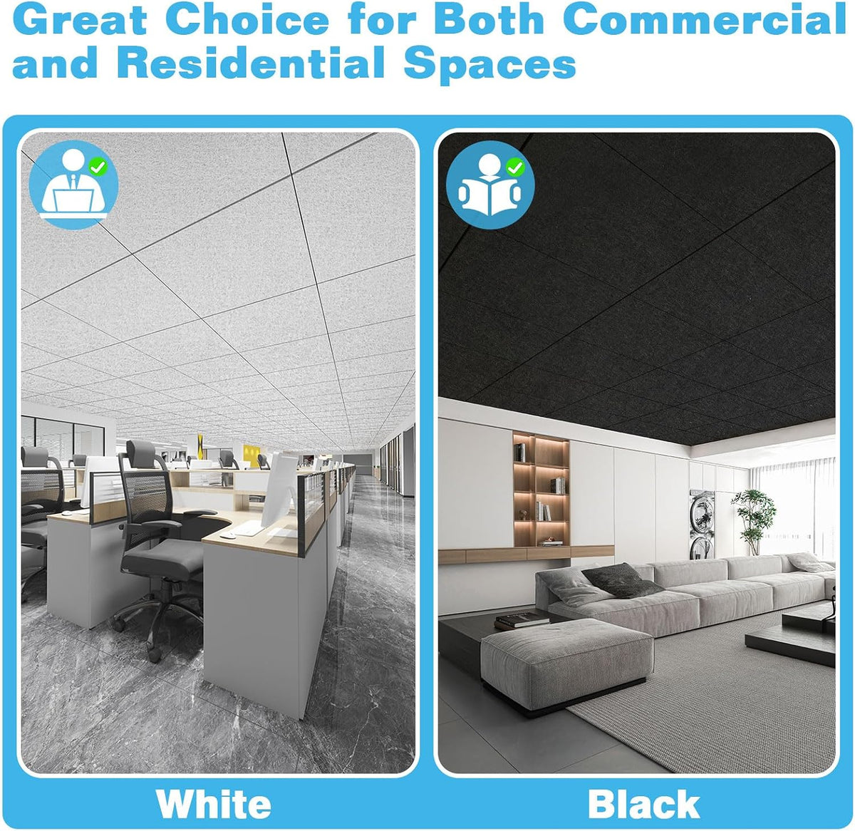 Art3d Acoustic Drop Ceiling Tiles, 2x2 ft, 12-Pack, Covers 48 Sq. Ft. | Waterproof polyester, sound absorbing and sag