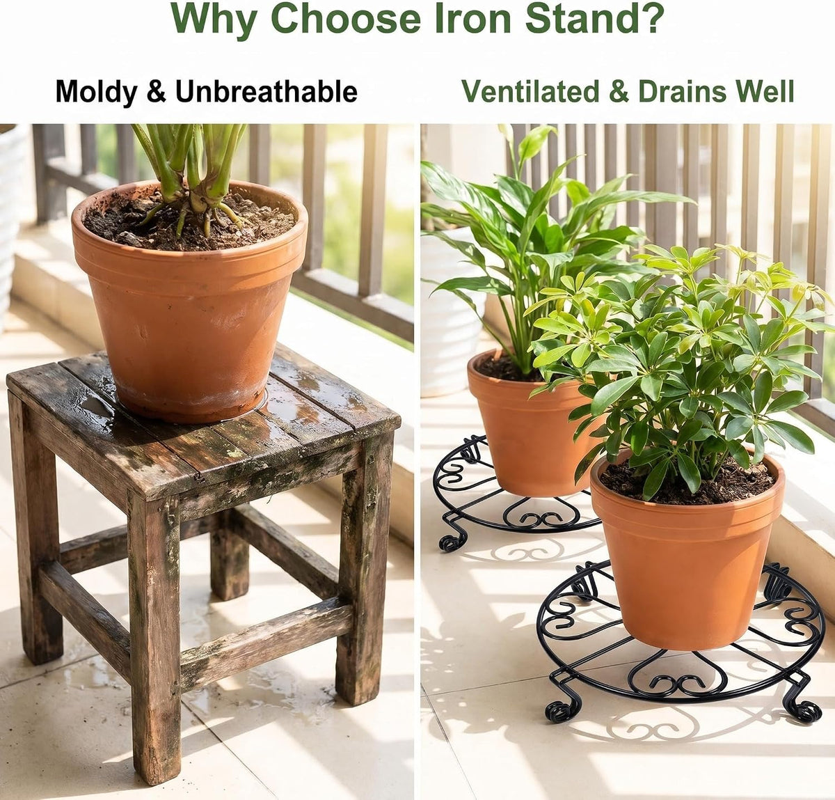 NSYOOMH 2 pack 8" Rustproof Black Metal Plant Stands Heavy Duty Plants Holder Outdoor Indoor, Round Wrought Iron Sturdy