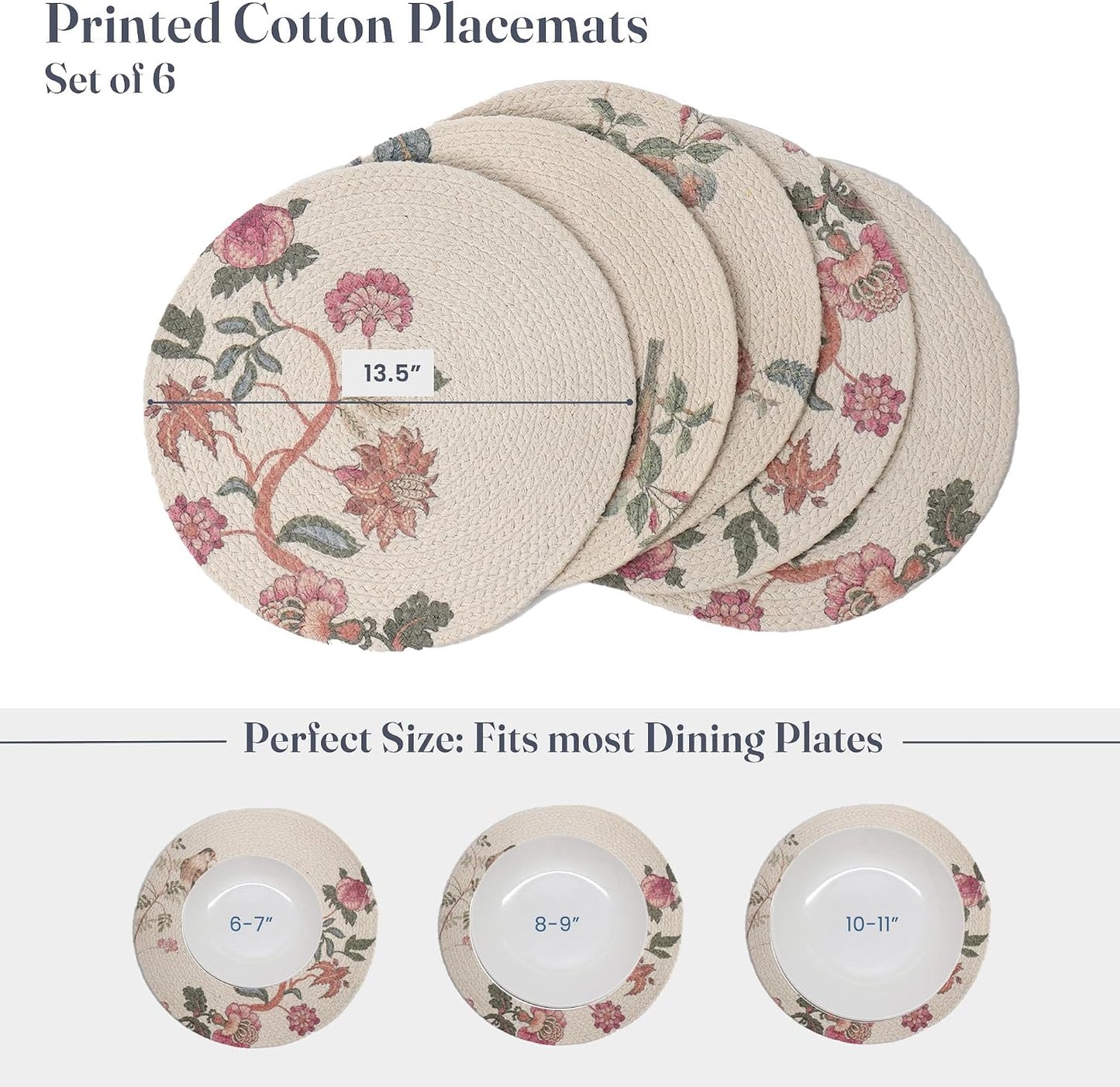 The Fine Living Braided Cotton Placemats, Round Table Mats, Set of 6,13.5" | Washable Anti-Slip Heat Resistant Braided