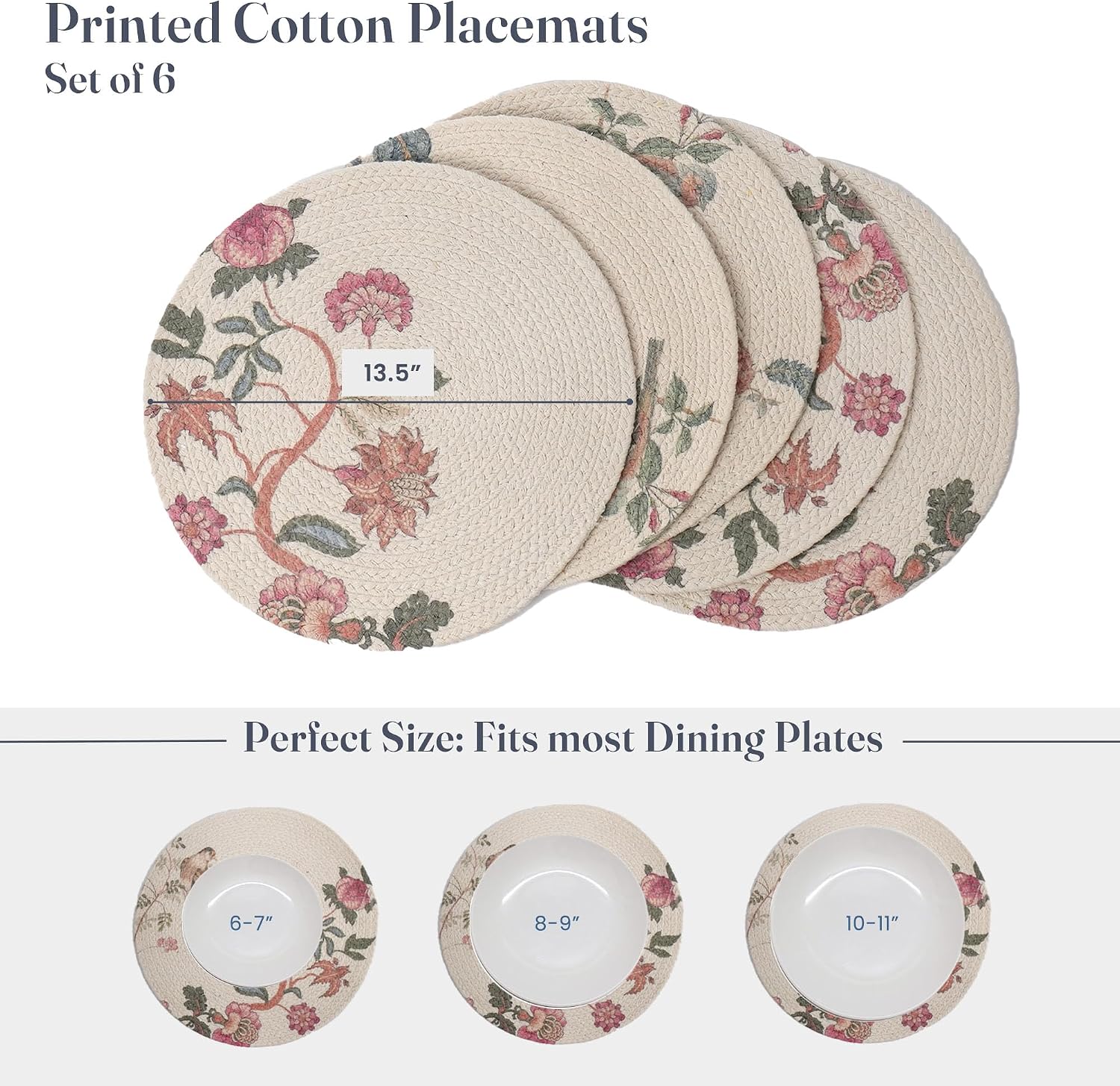 The Fine Living Braided Cotton Placemats, Round Table Mats, Set of 6,13.5" | Washable Anti-Slip Heat Resistant Braided