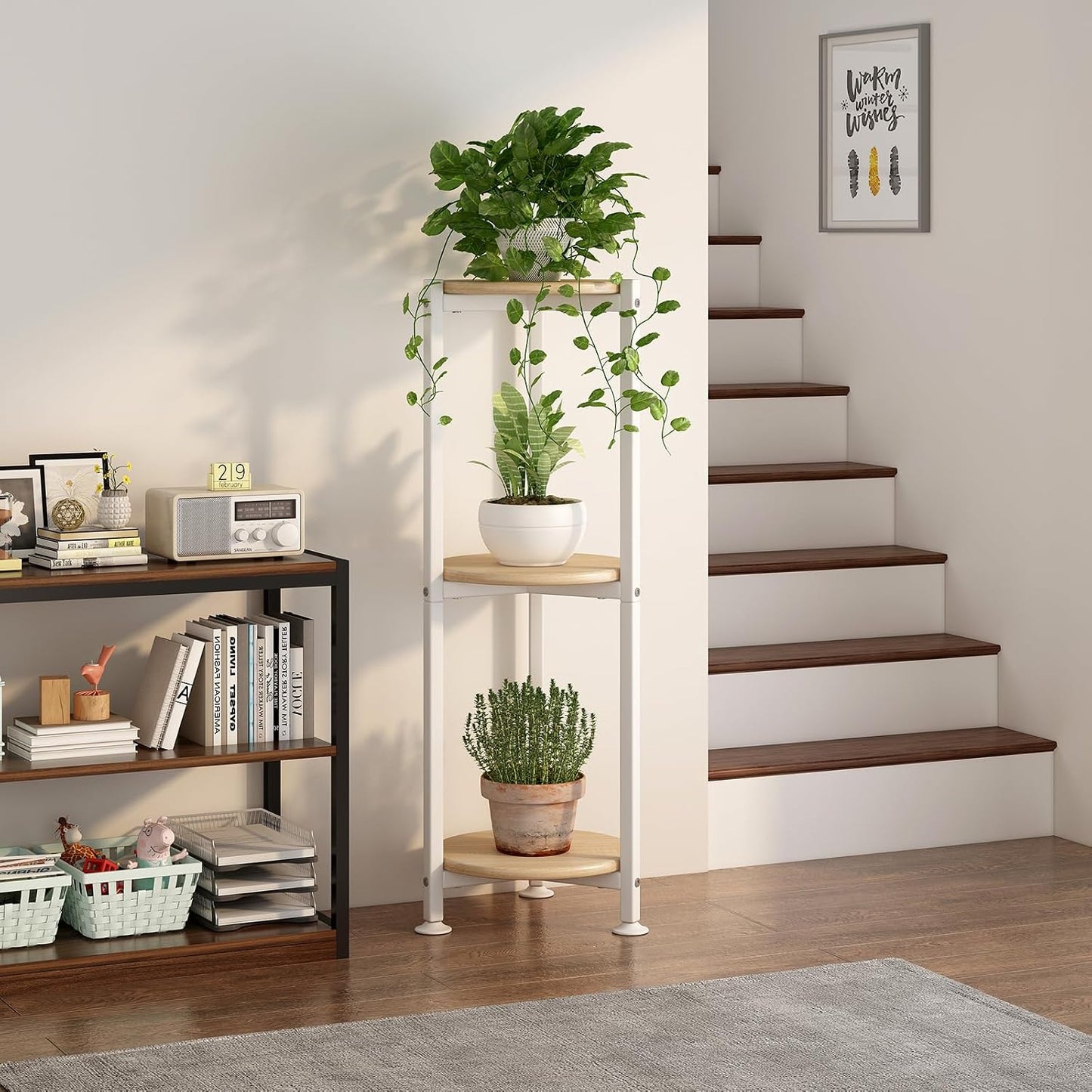 3 Tier Plant Stand Indoor Corner Tall Round Shape Plant Shelf | Modern Metal MDF board Flower Storage,Suitable tight