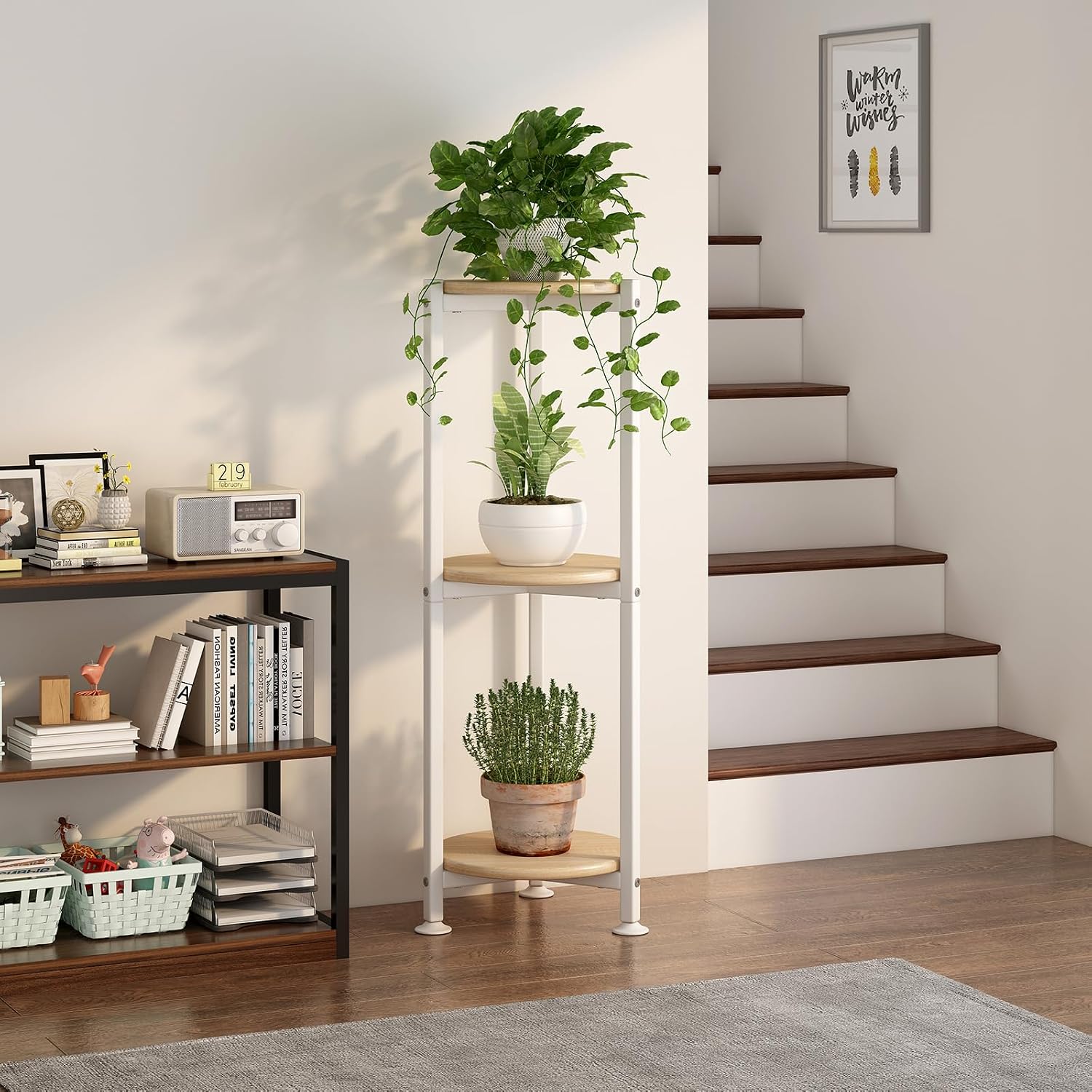 3 Tier Plant Stand Indoor Corner Tall Round Shape Plant Shelf | Modern Metal MDF board Flower Storage,Suitable tight