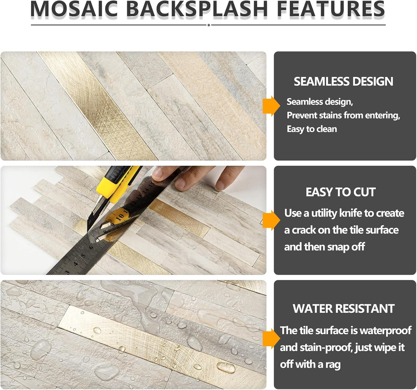 20 Sheets Peel and Stick Backsplash Tile / Sunny Beige + Metal Gold / Set of 20