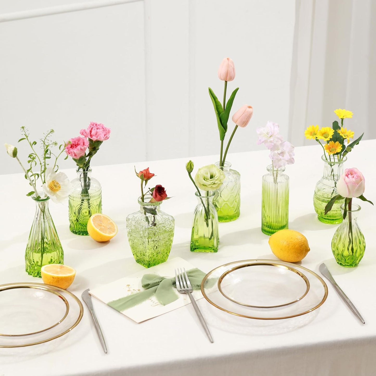 Vintage Small Glass Vases / Olive Green / Set of 10